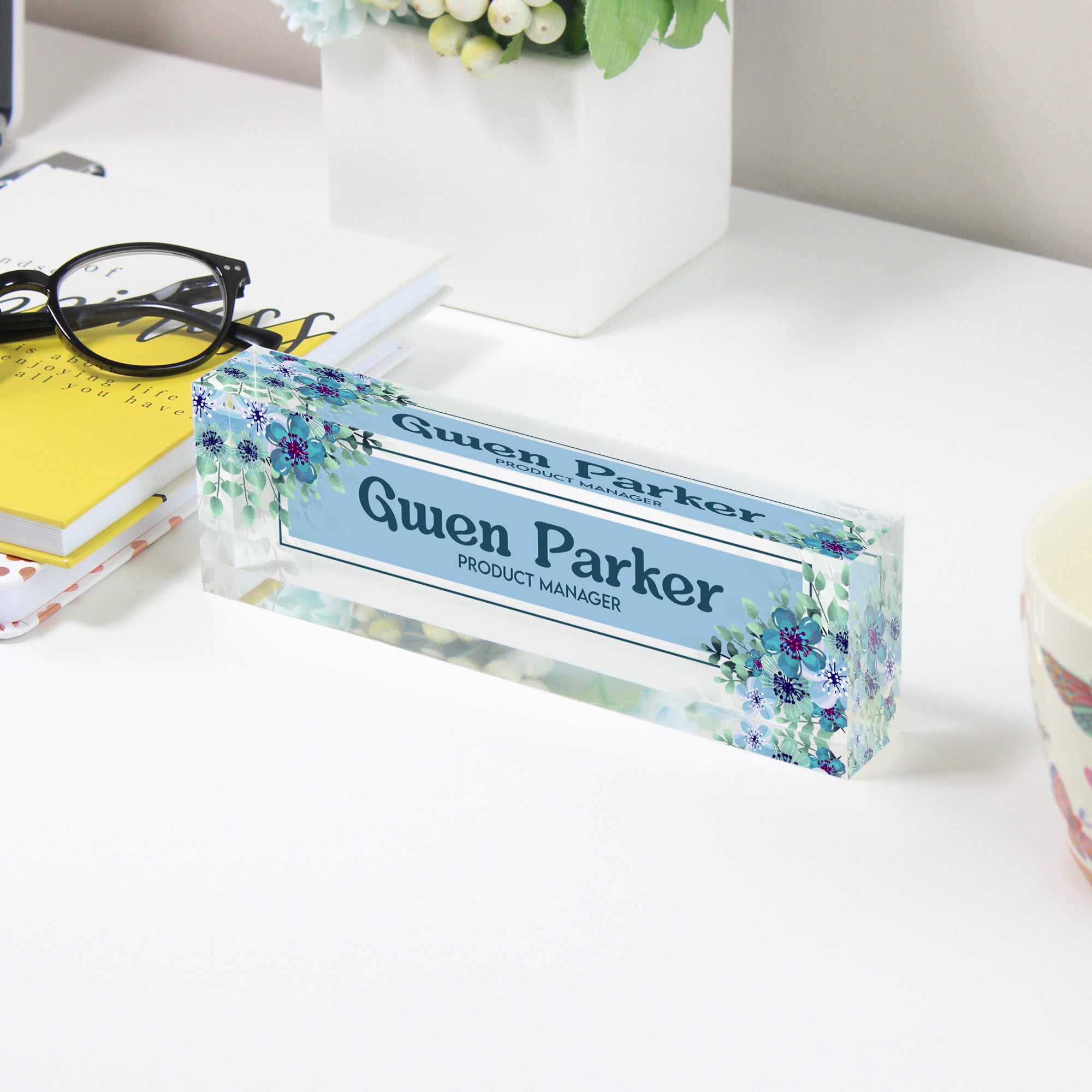 Personalized Acrylic Desk Block Name Plate with Floral Design - Custom Office Decor for Product Managers - Image 3