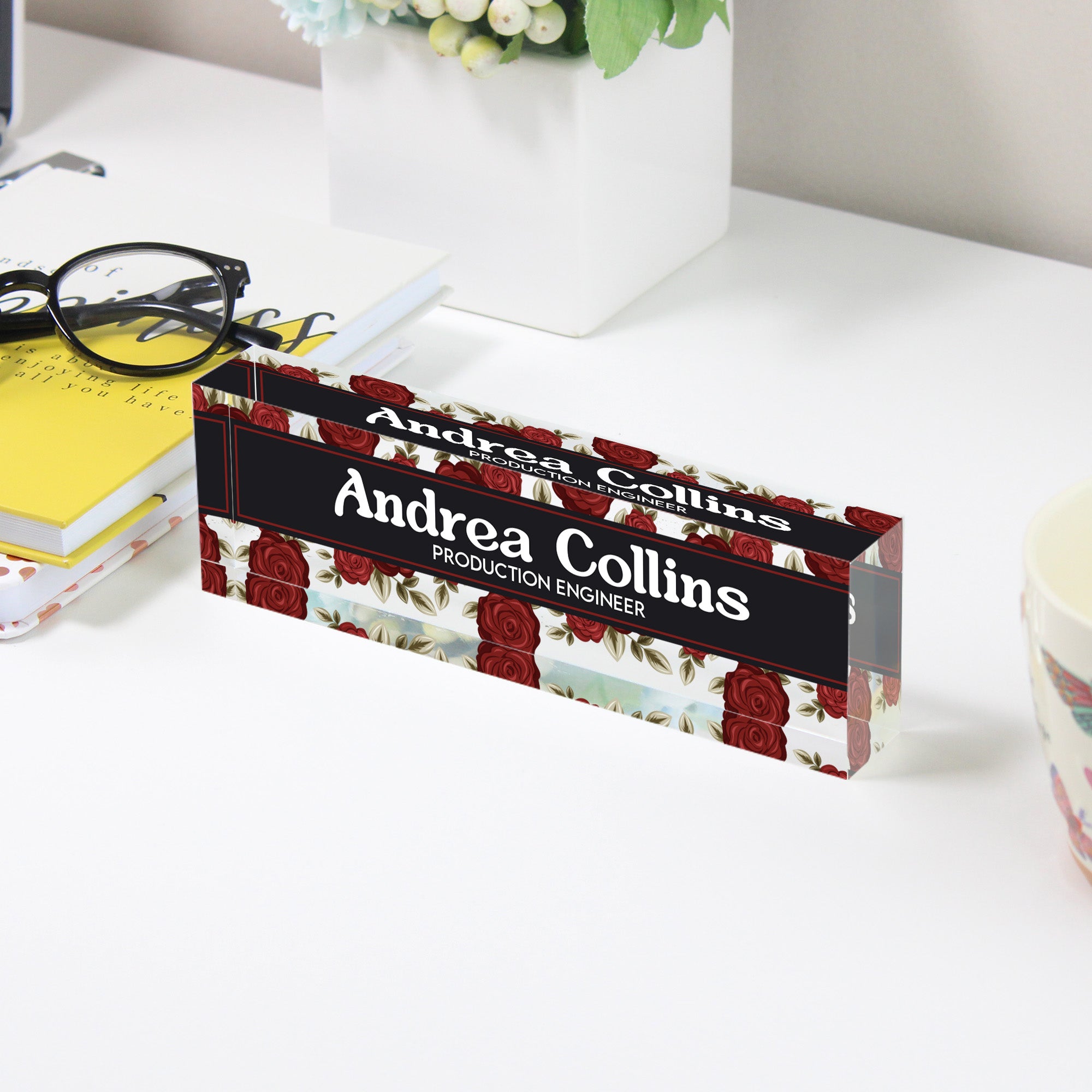 Personalized Acrylic Desk Name Plate - Elegant Rose Design for Office Professional - Perfect Gift for Engineers - Image 3