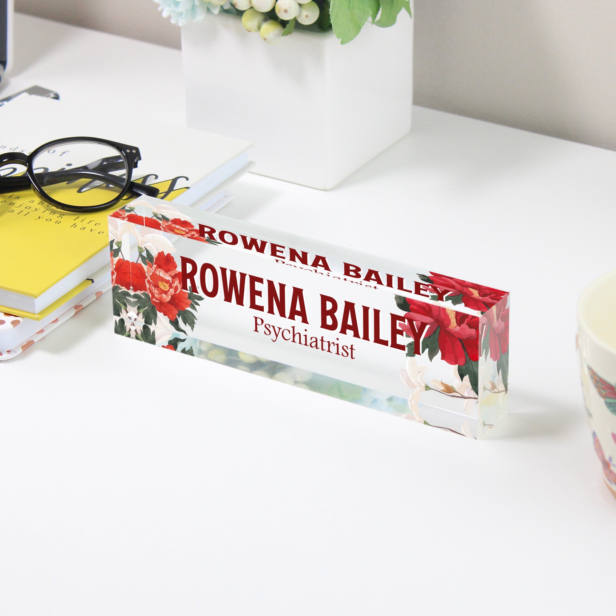 Personalized Acrylic Desk Name Block with Floral Design – Perfect Custom Gift for Psychiatrists and Professionals - Image 3