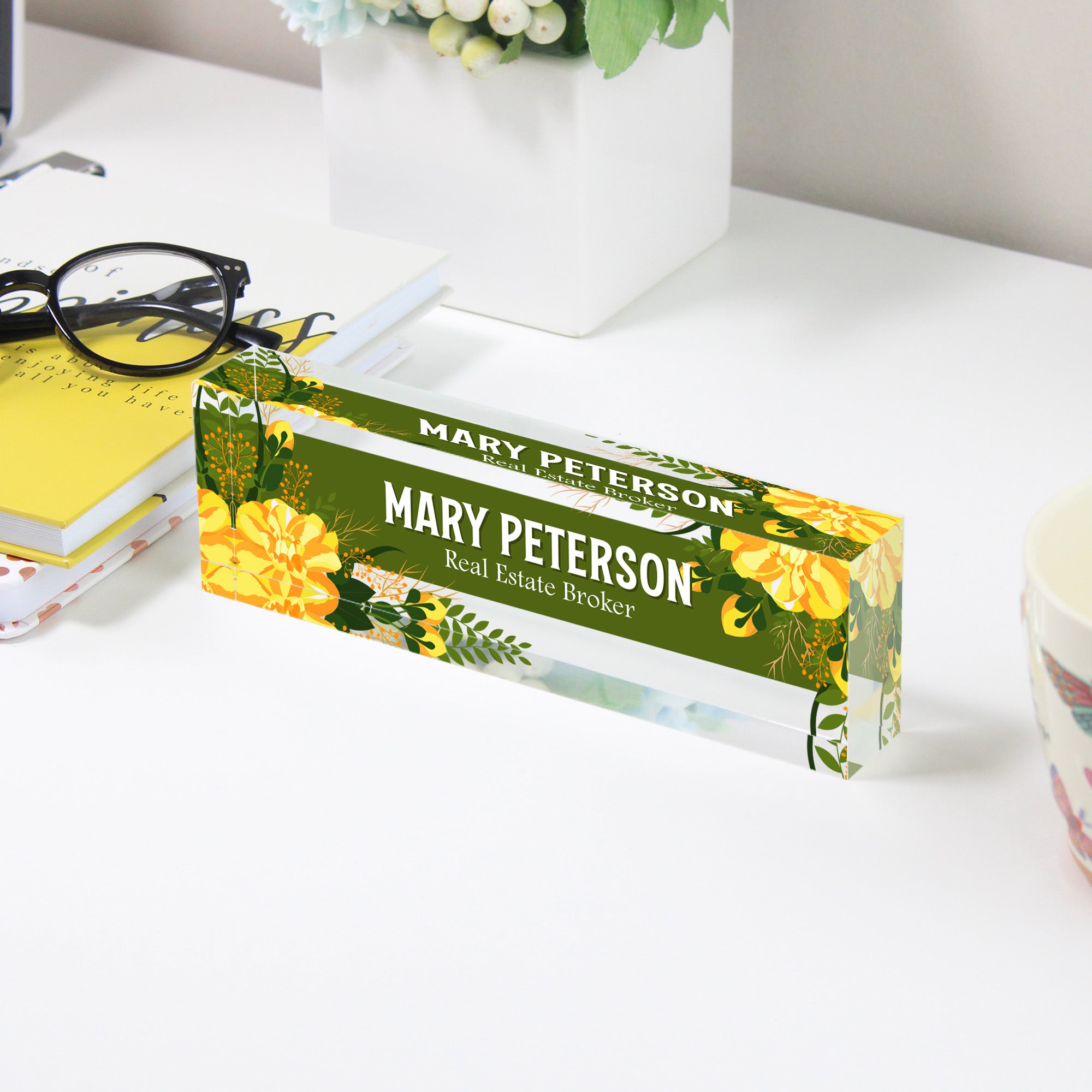 Personalized Acrylic Desk Name Plate with Floral Design - Elegant Custom Office Decor for Real Estate Agents and Professionals - Image 3