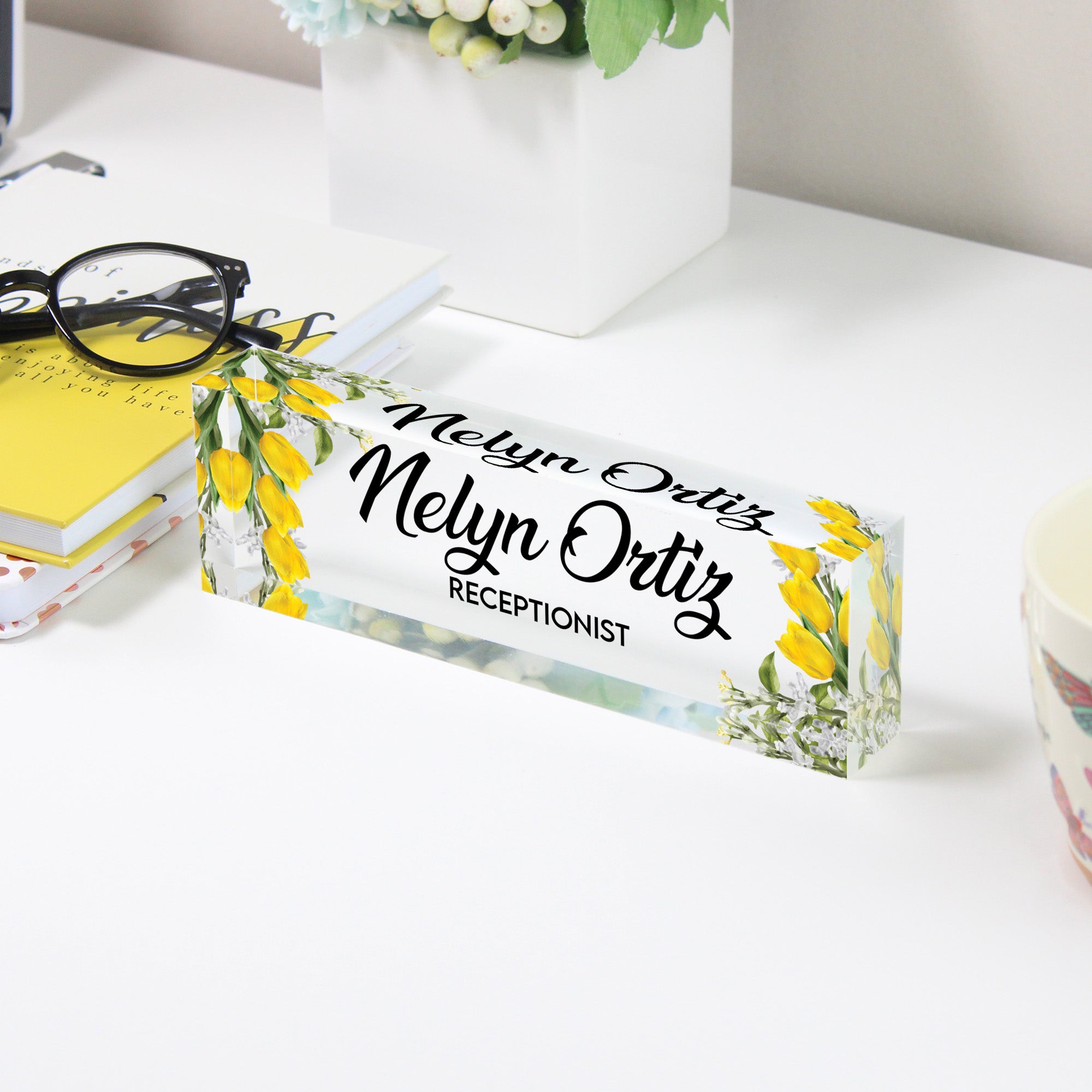 Personalized Acrylic Desk Name Plate with Yellow Floral Design – Custom Office Decor for Receptionists and Gift Giving - Image 3