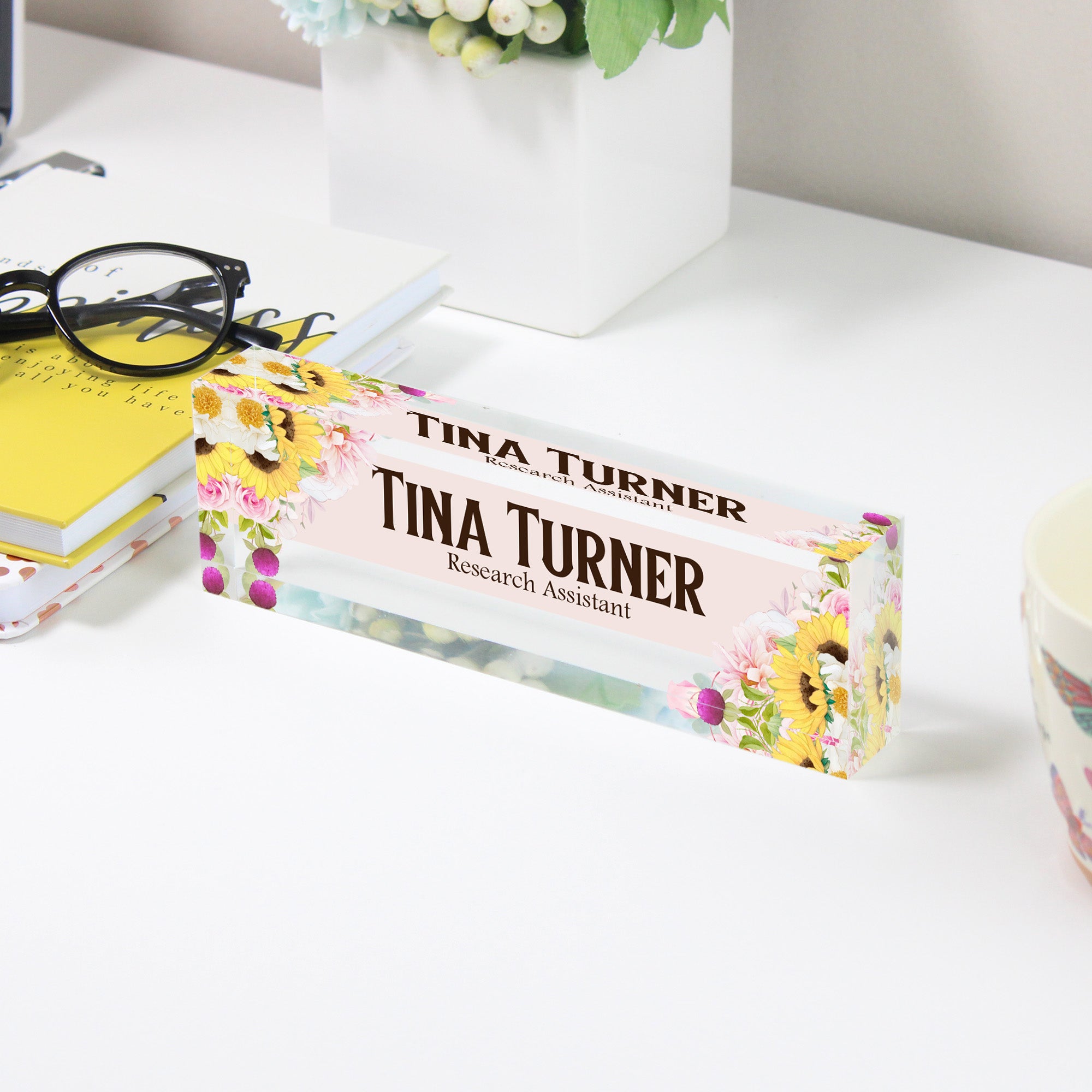 Personalized Floral Acrylic Desk Block - Custom Name Plate for Home or Office - Elegant Gift for Research Assistants - Image 3