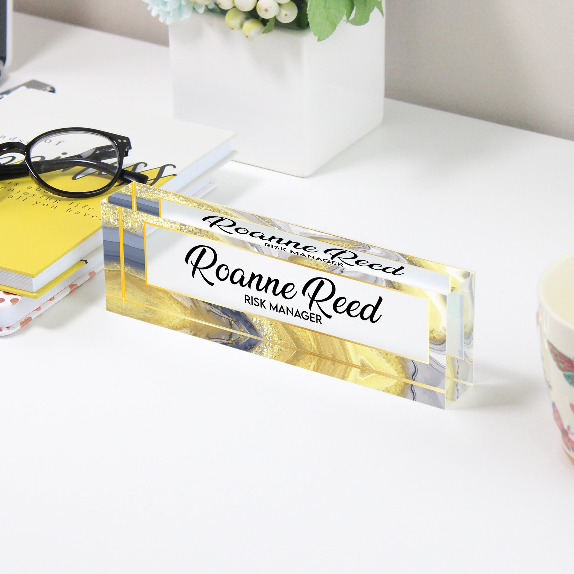 Personalized Acrylic Desk Name Plate - Elegant Gold Marbled Design for Risk Managers - Custom Office Decor & Gift - Image 3