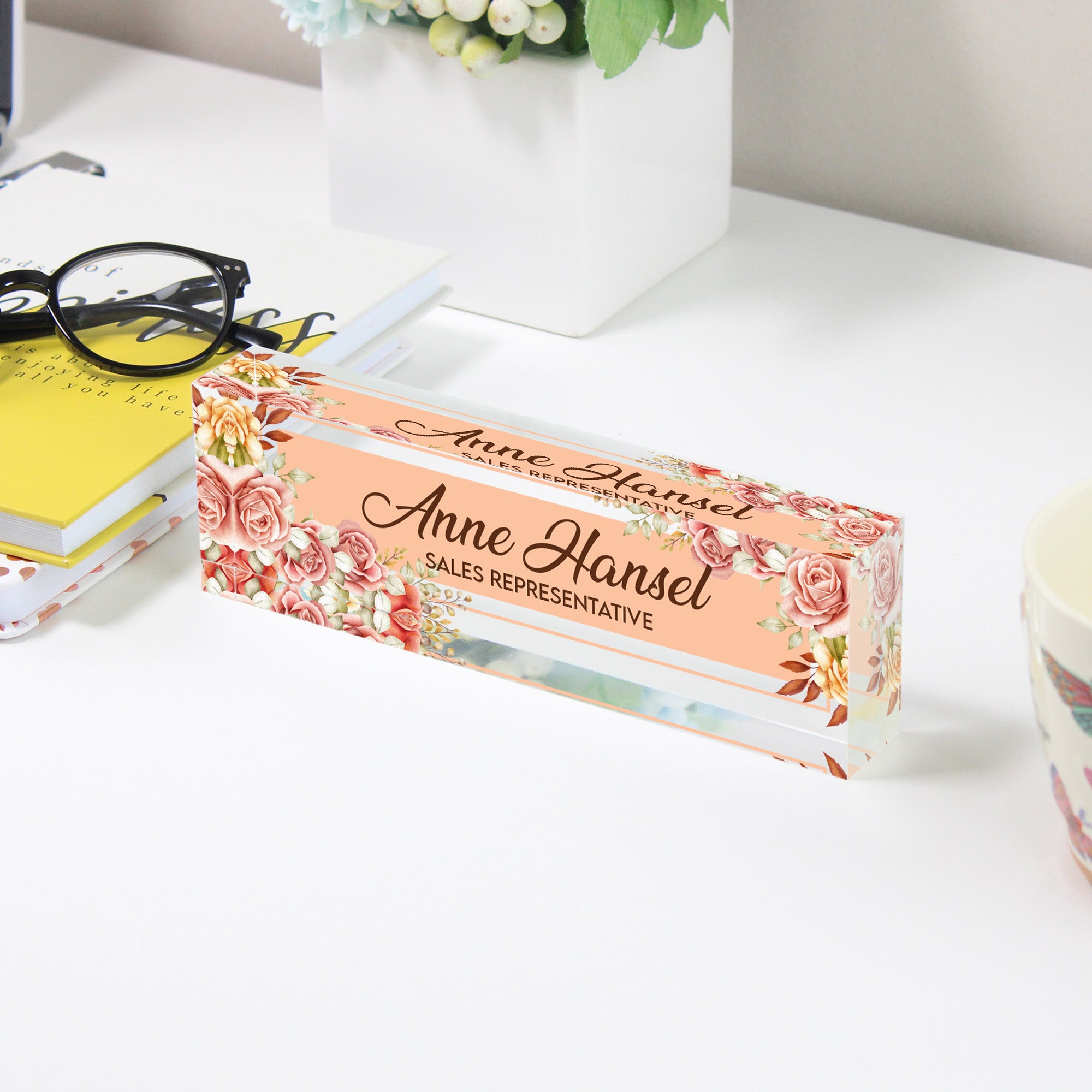 Personalized Floral Acrylic Desk Name Plate - Custom Office Decor and Unique Gift for Sales Representatives - Image 3