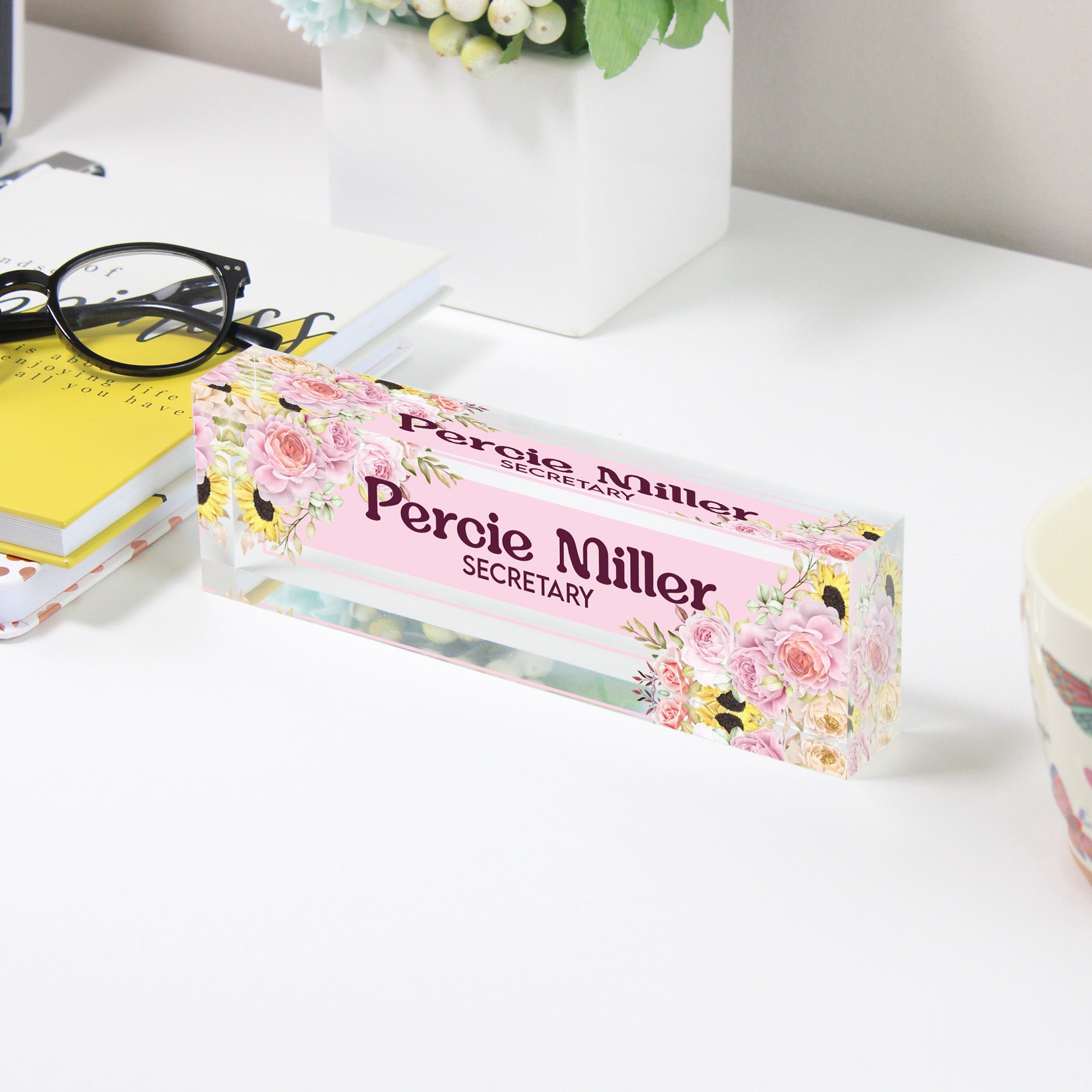 Personalized Floral Acrylic Desk Nameplate - Custom Secretary Gift, Elegant Floral Design, Perfect for Office Décor - Image 3