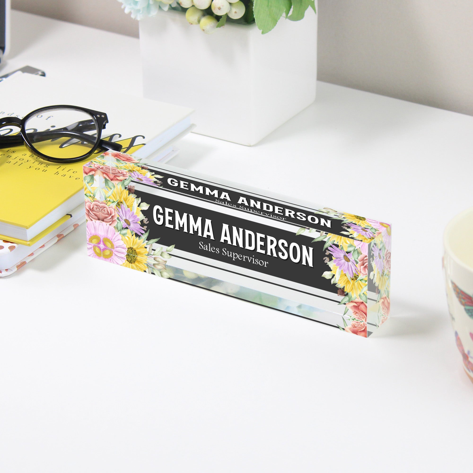 Personalized Floral Acrylic Desk Block with Custom Name & Title – Perfect Gift for Sales Professionals - Image 3