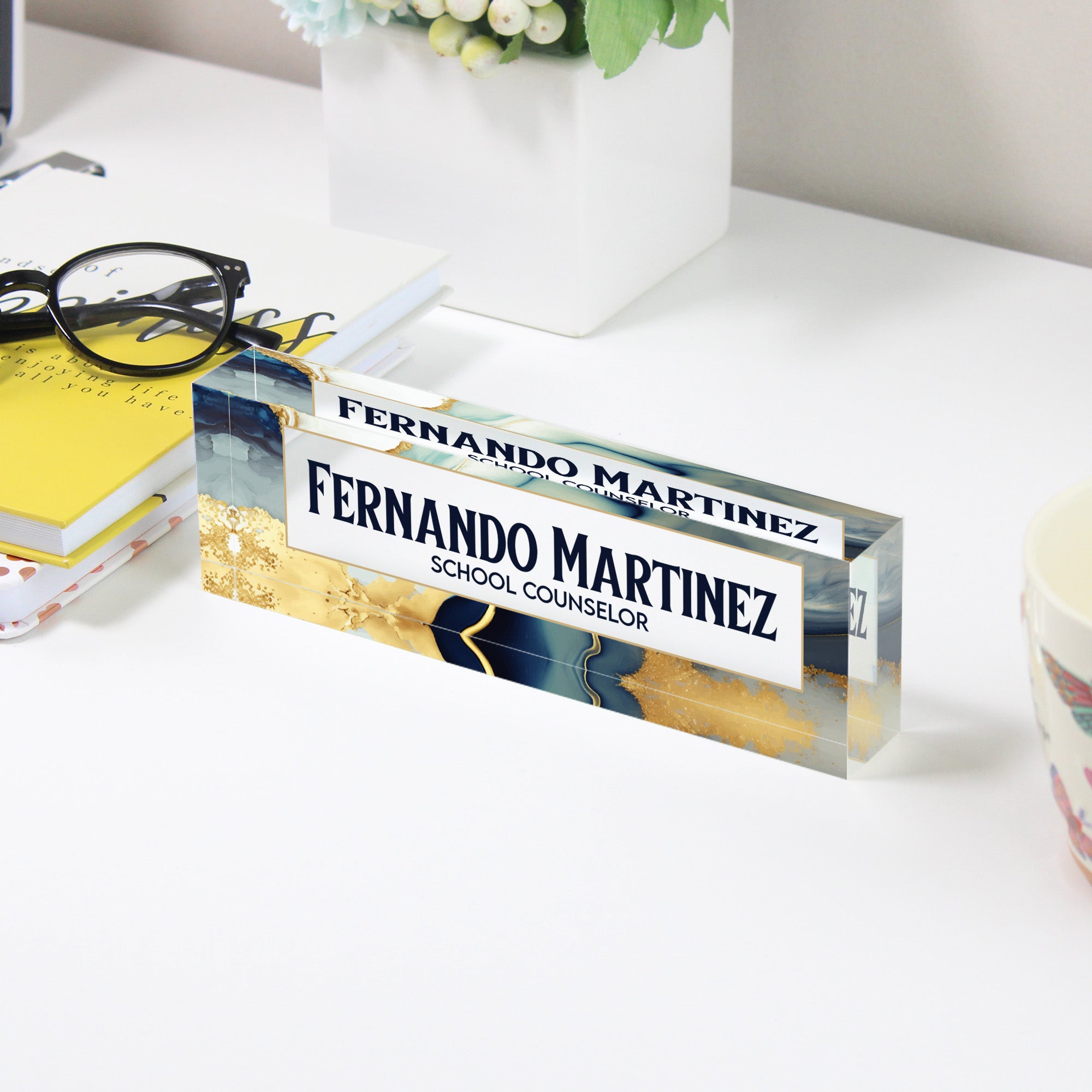 Personalized Acrylic Desk Nameplate with Marble and Gold Design - Custom Office Decor for Teachers and Professionals - Image 3