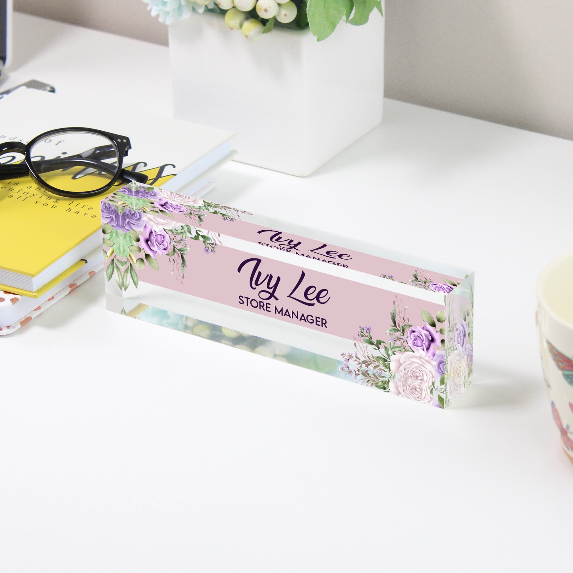 Personalized Floral Acrylic Desk Block - Custom Name Plate for Store Manager - Elegant Office Decor and Thoughtful Gift - Image 3
