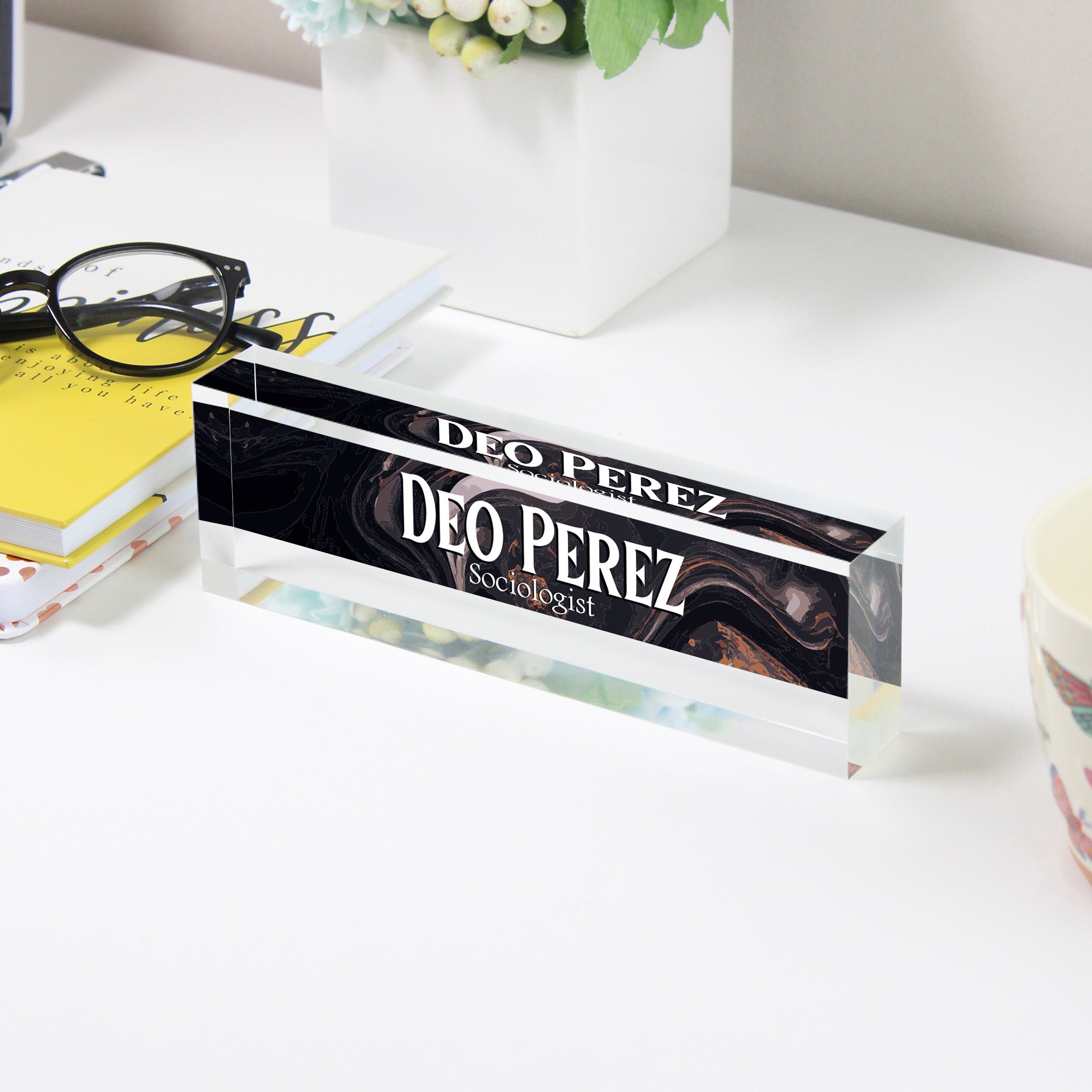 Personalized Acrylic Desk Block - Custom Name Plaque for Professionals - Elegant Marbled Design with Engraved Text - Image 3