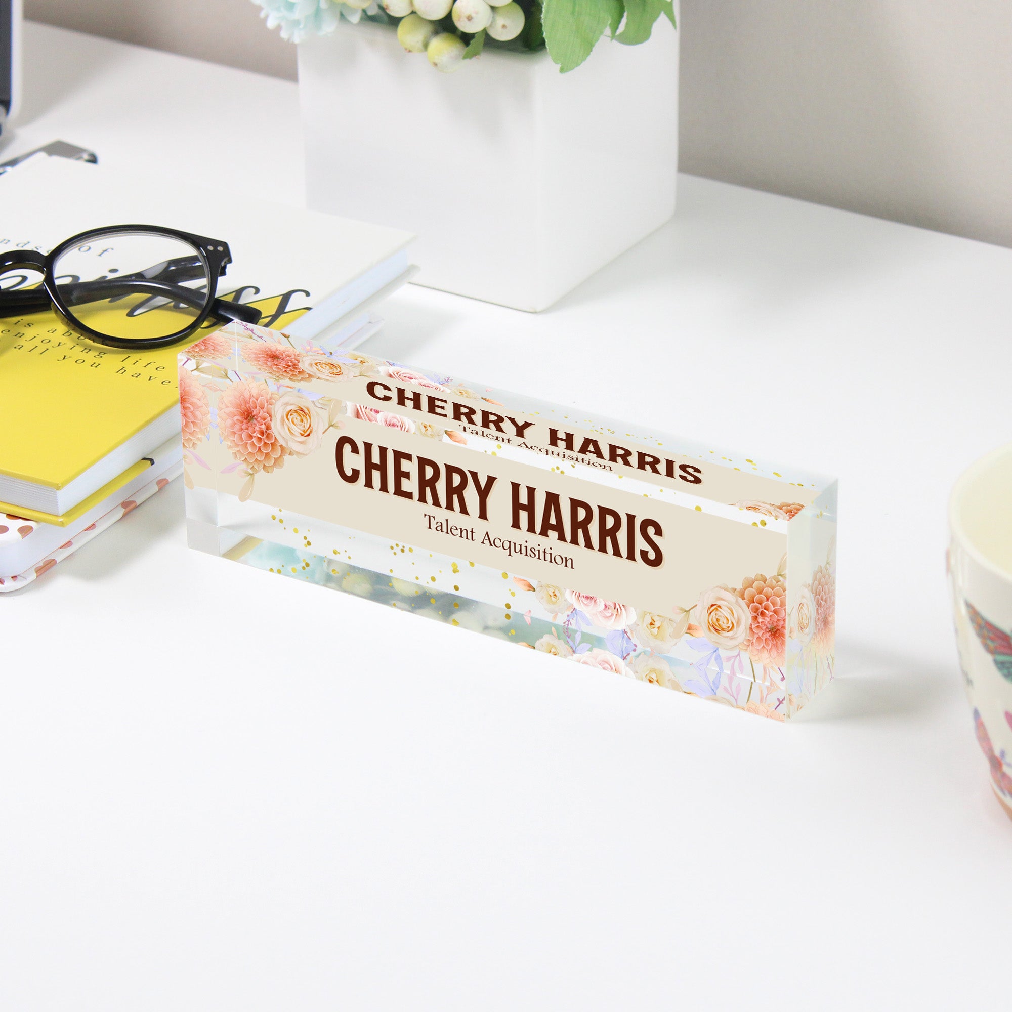 Personalized Floral Acrylic Desk Block for Talent Acquisition Professionals - Custom Name Plate Gift - Image 3