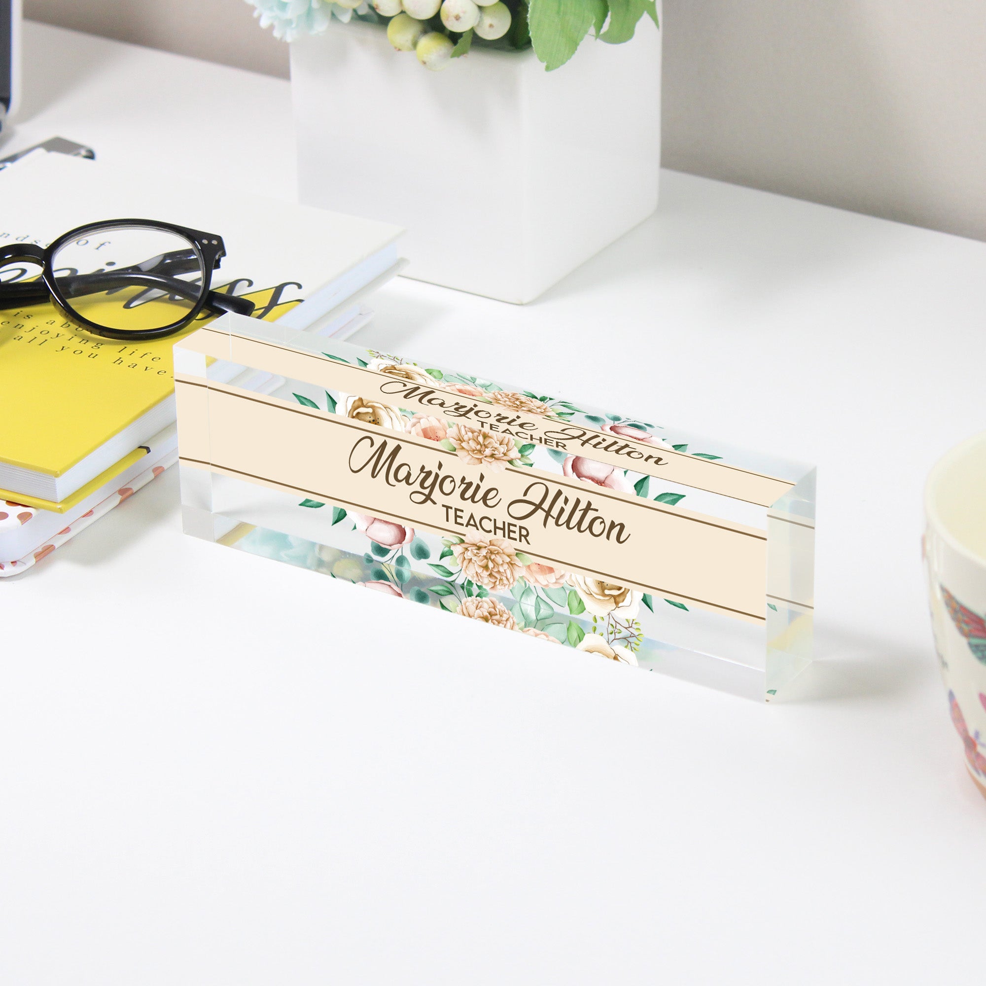 Custom Floral Acrylic Desk Name Plate - Personalized Teacher Gift with Elegant Bloom Design - Image 3