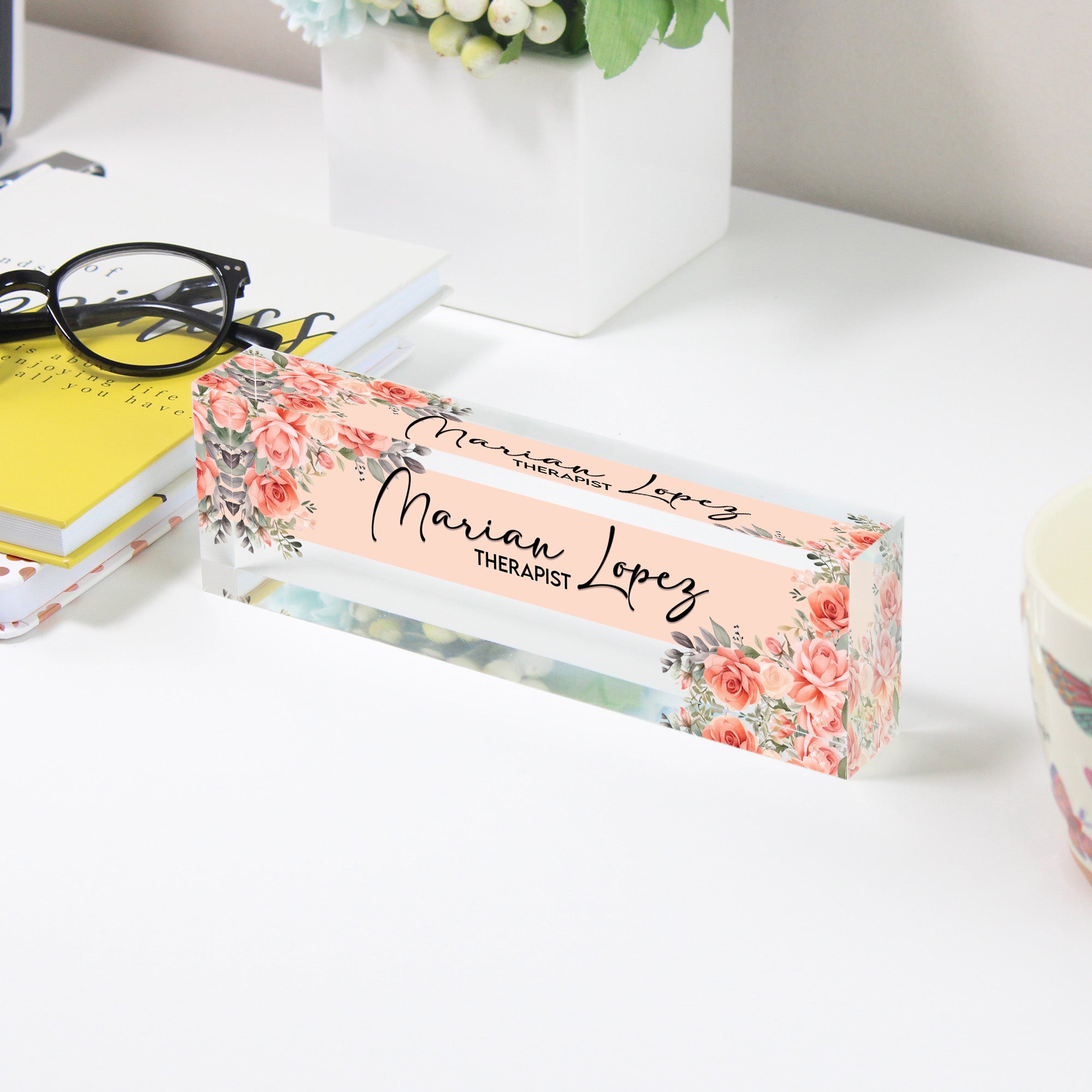 Personalized Floral Acrylic Desk Name Plate - Elegant Custom Gift for Therapists and Professionals - Image 3