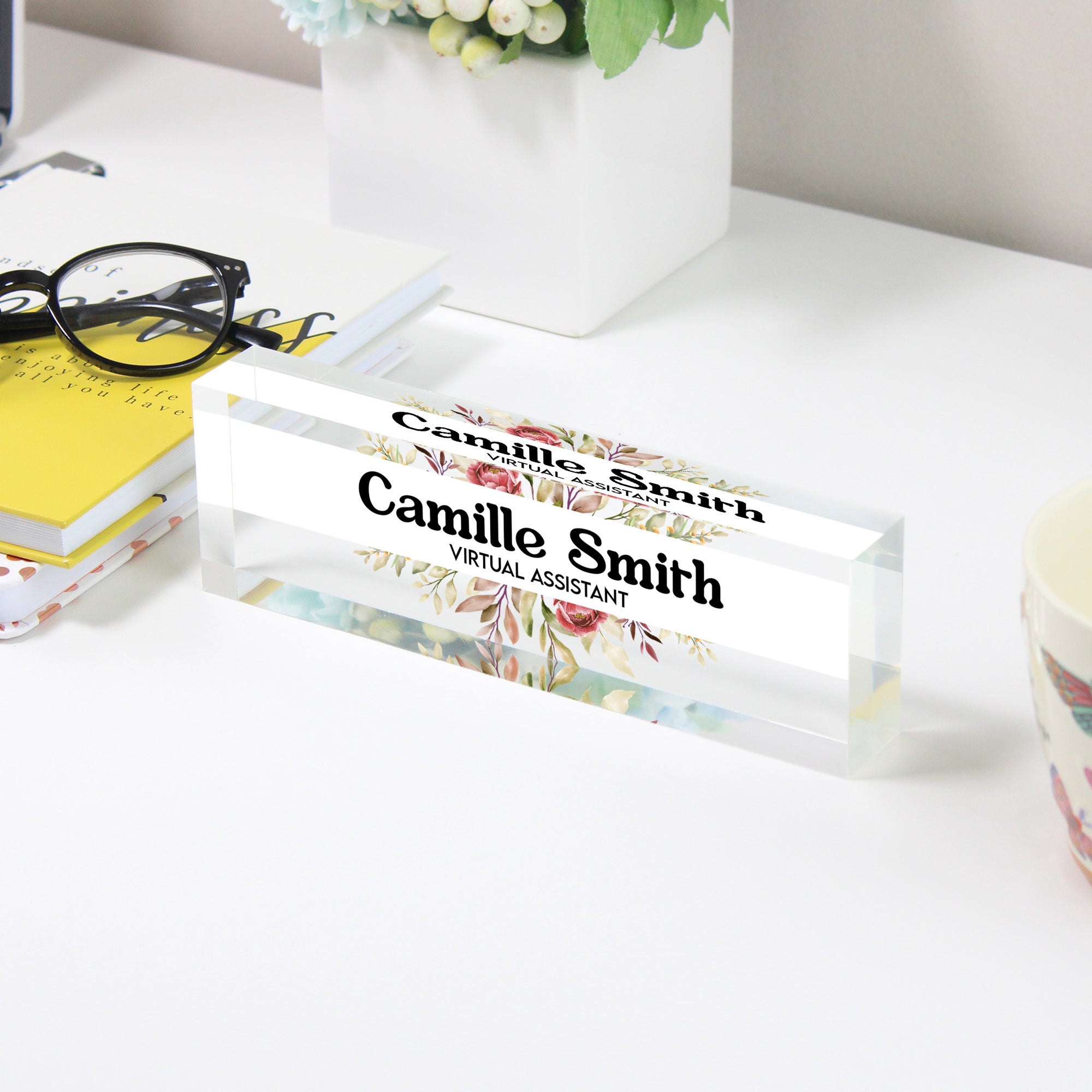 Personalized Floral Acrylic Desk Name Plate - Customizable Office Decor for Virtual Assistants - Perfect Gift for Professionals - Image 3