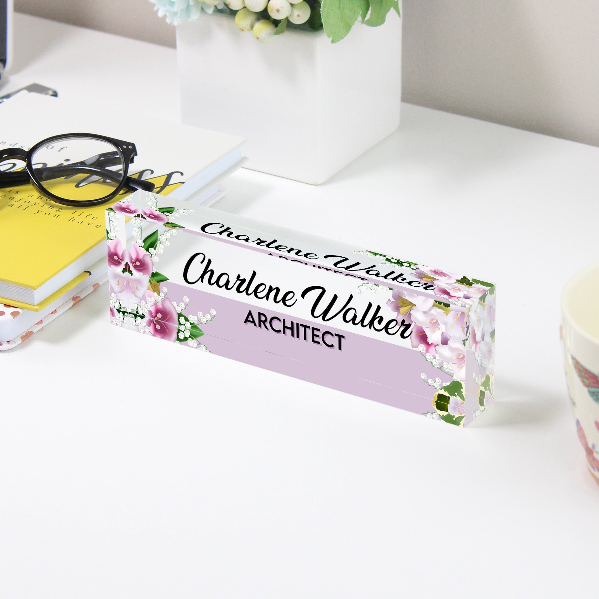 Personalized Floral Acrylic Desk Name Plate - Custom Architect Block with Lily and Orchid Design for Office Decor - Image 3