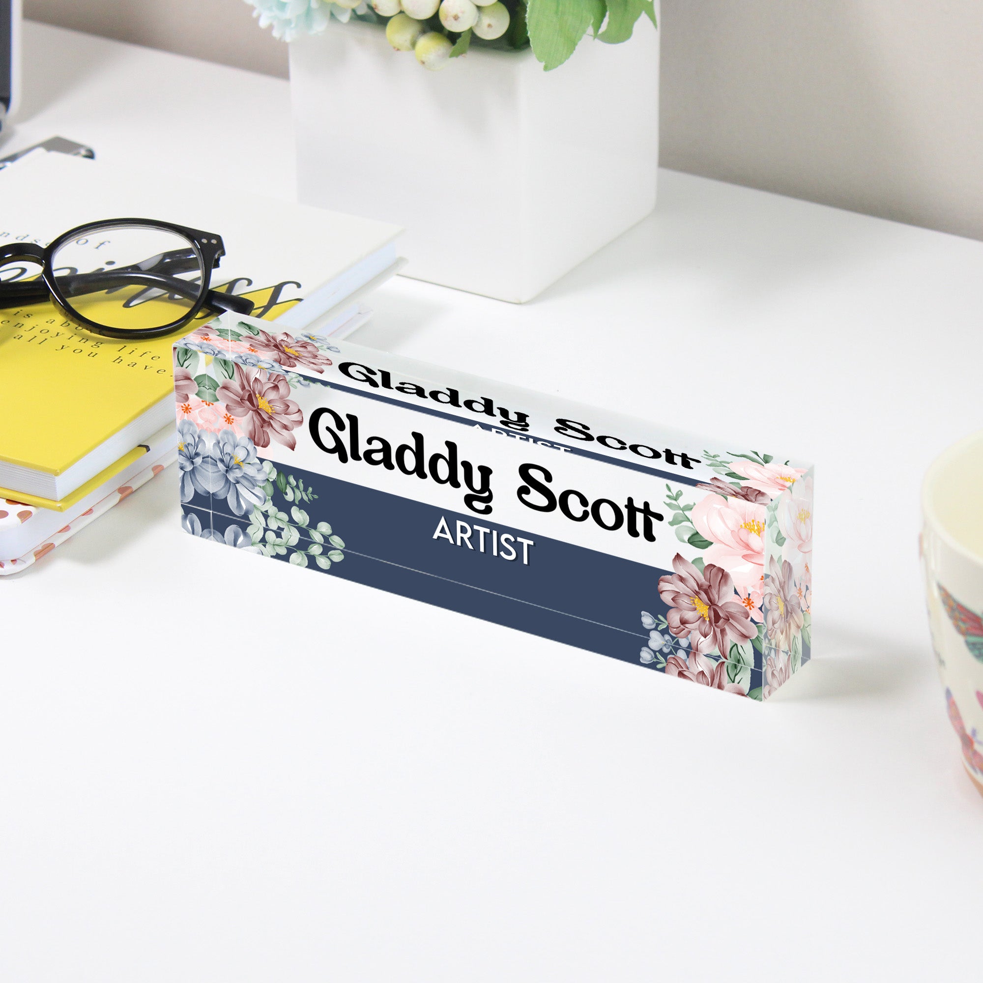 Personalized Floral Acrylic Desk Block with Name and Title - Custom Gift for Artists and Creatives - Image 3