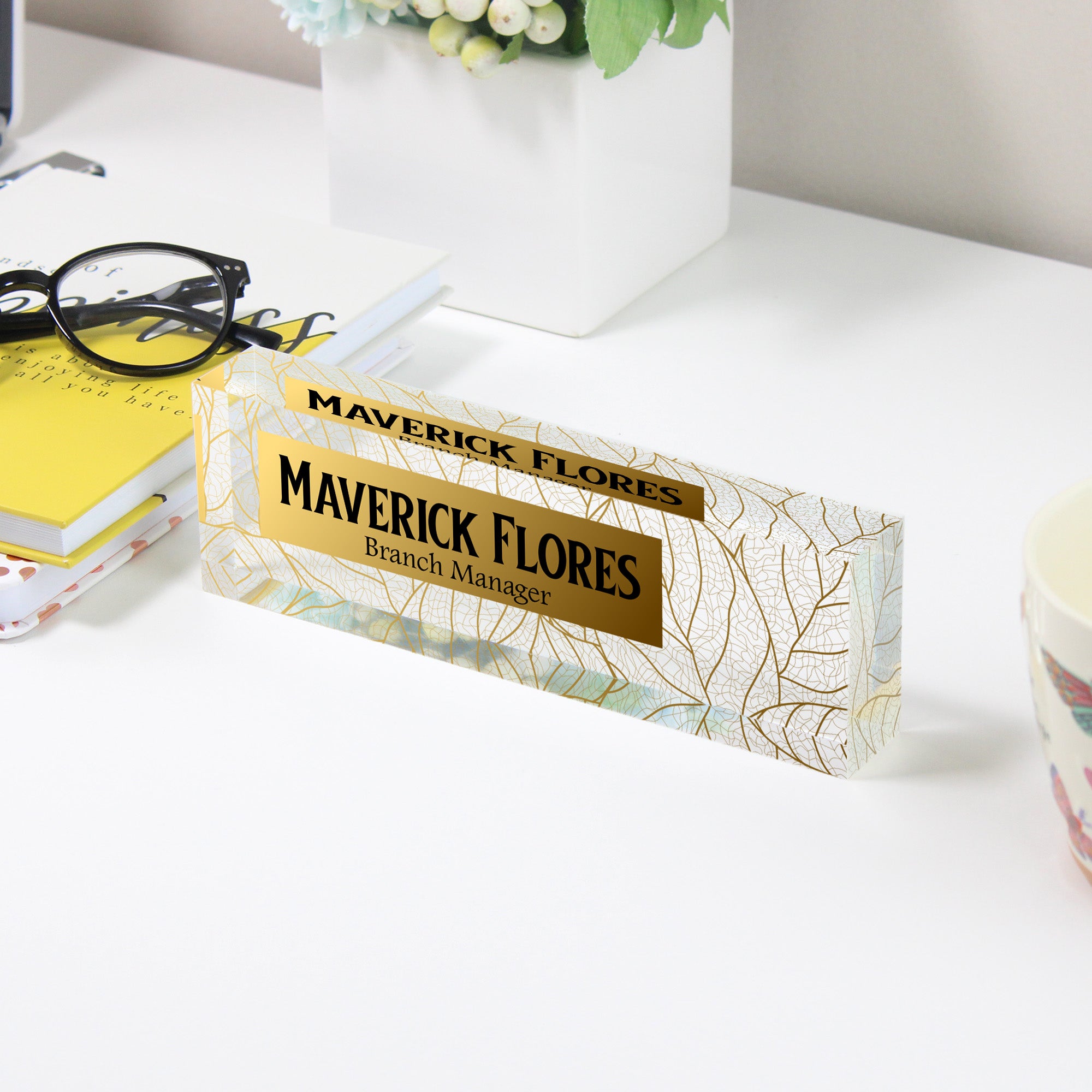 Personalized Acrylic Desk Name Block - Elegant Gold Leaf Design for Office or Home Decor - Perfect Gift for Professionals and Loved Ones - Image 3