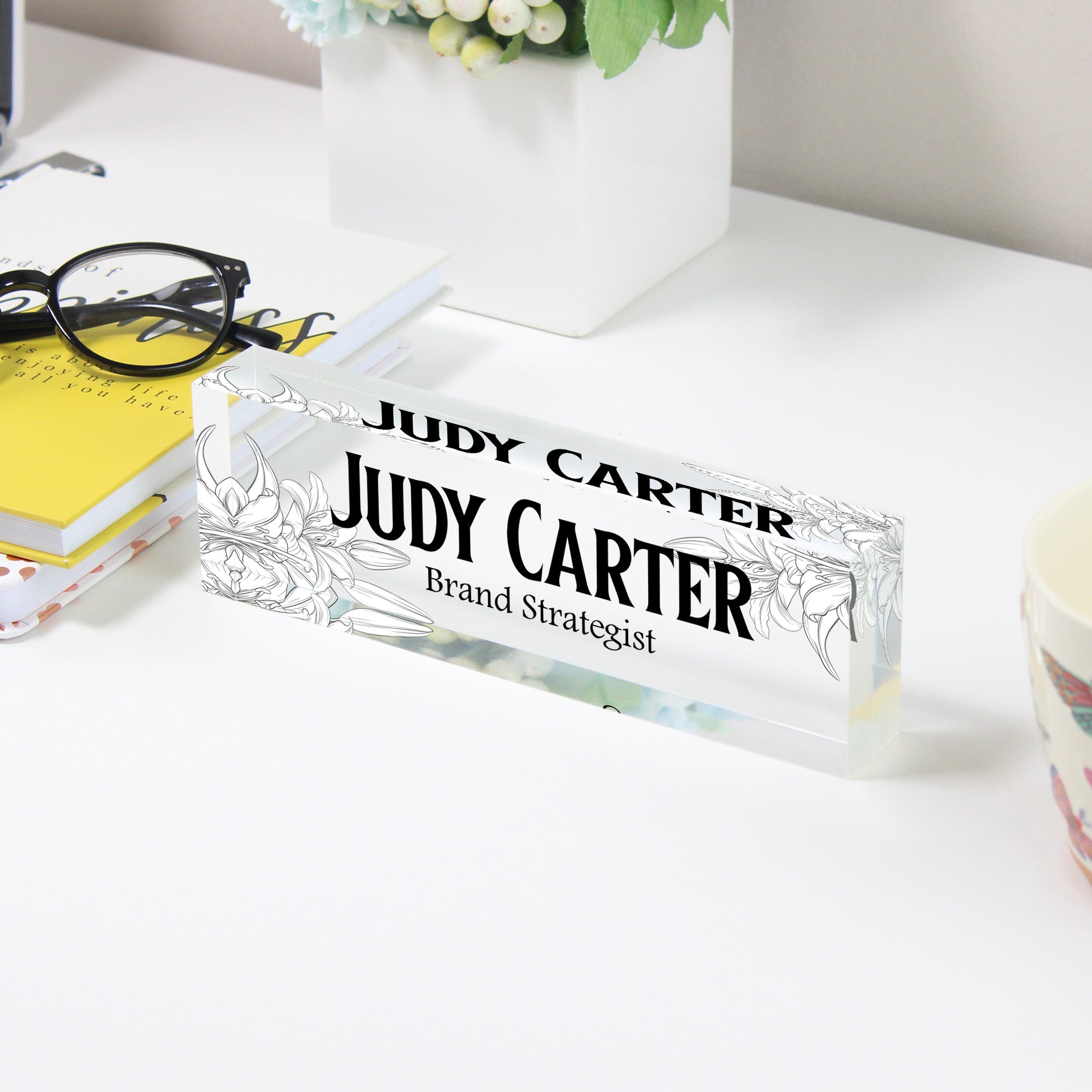 Personalized Acrylic Desk Name Plate with Floral Design - Custom Office Decor for Brand Strategists and Professionals - Image 3