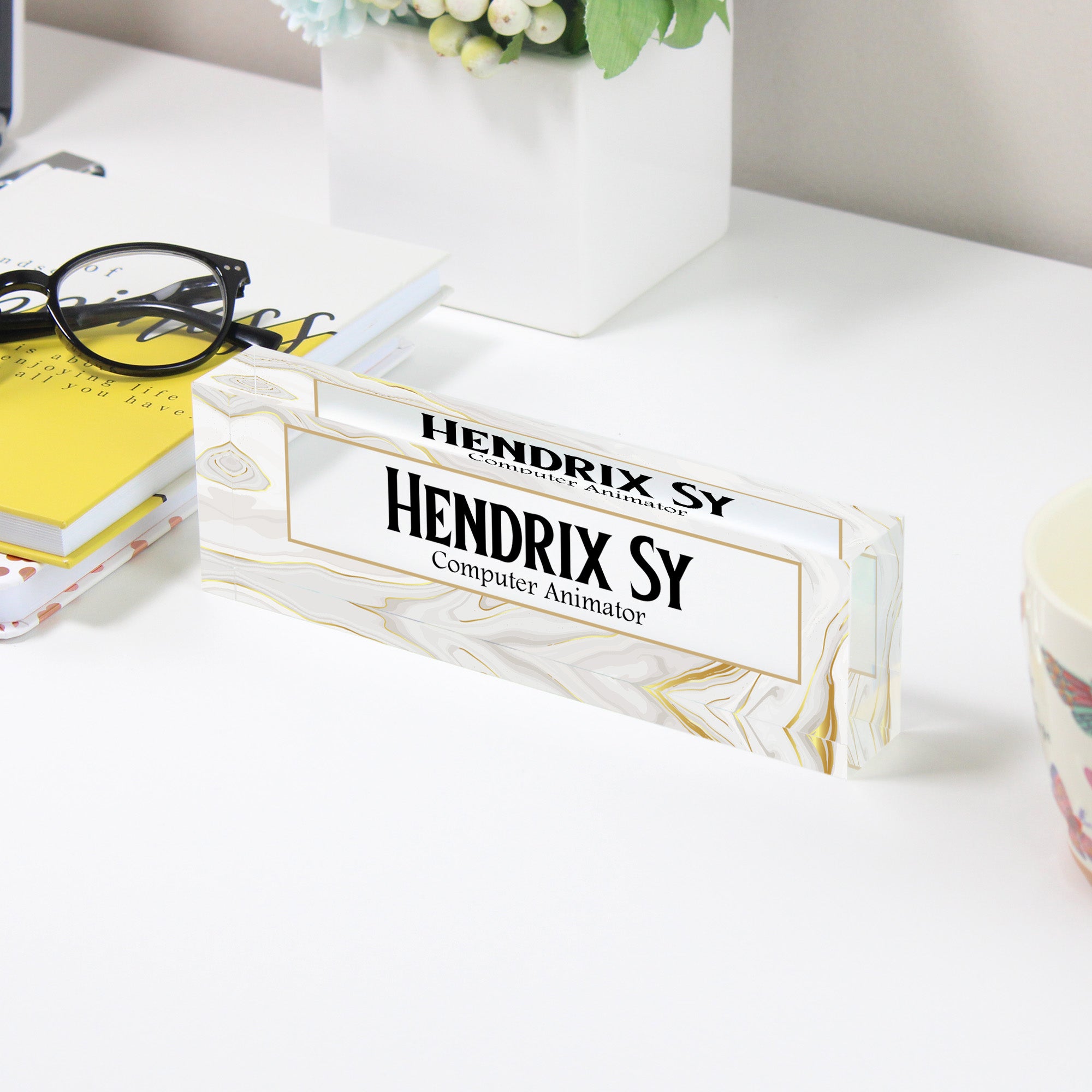 Personalized Marble Acrylic Desk Block for Computer Animators - Custom Nameplate Gift for Office Decor - Image 3