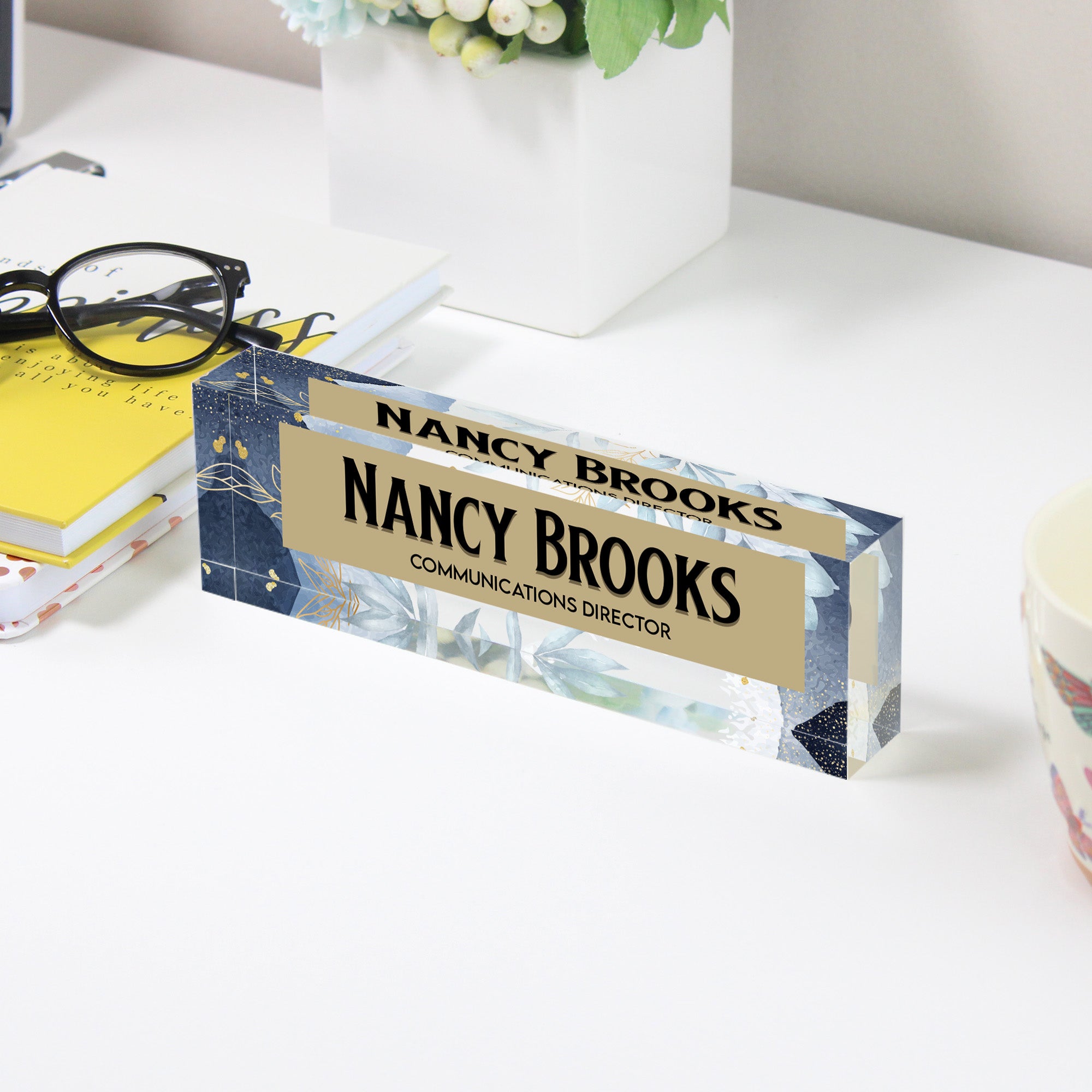 Personalized Acrylic Desk Block Nameplate with Elegant Floral Design - Perfect for Office Decor and Gift Giving - Image 3
