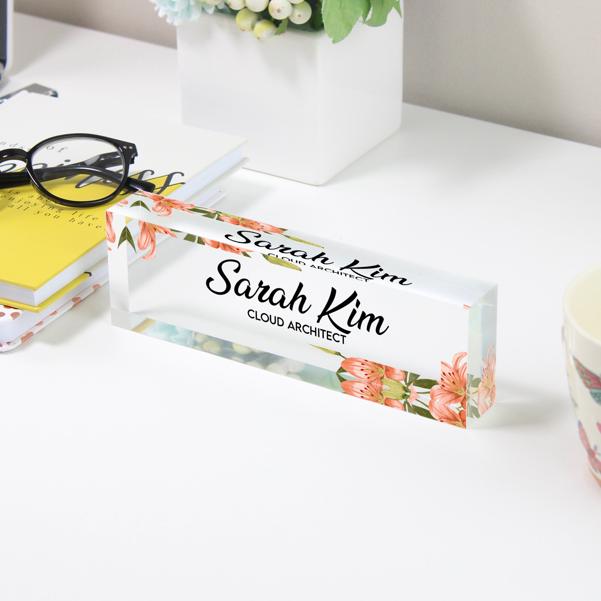 Personalized Floral Acrylic Desk Block - Custom Name & Title - Elegant Office Decor & Thoughtful Gift for Professionals - Image 3
