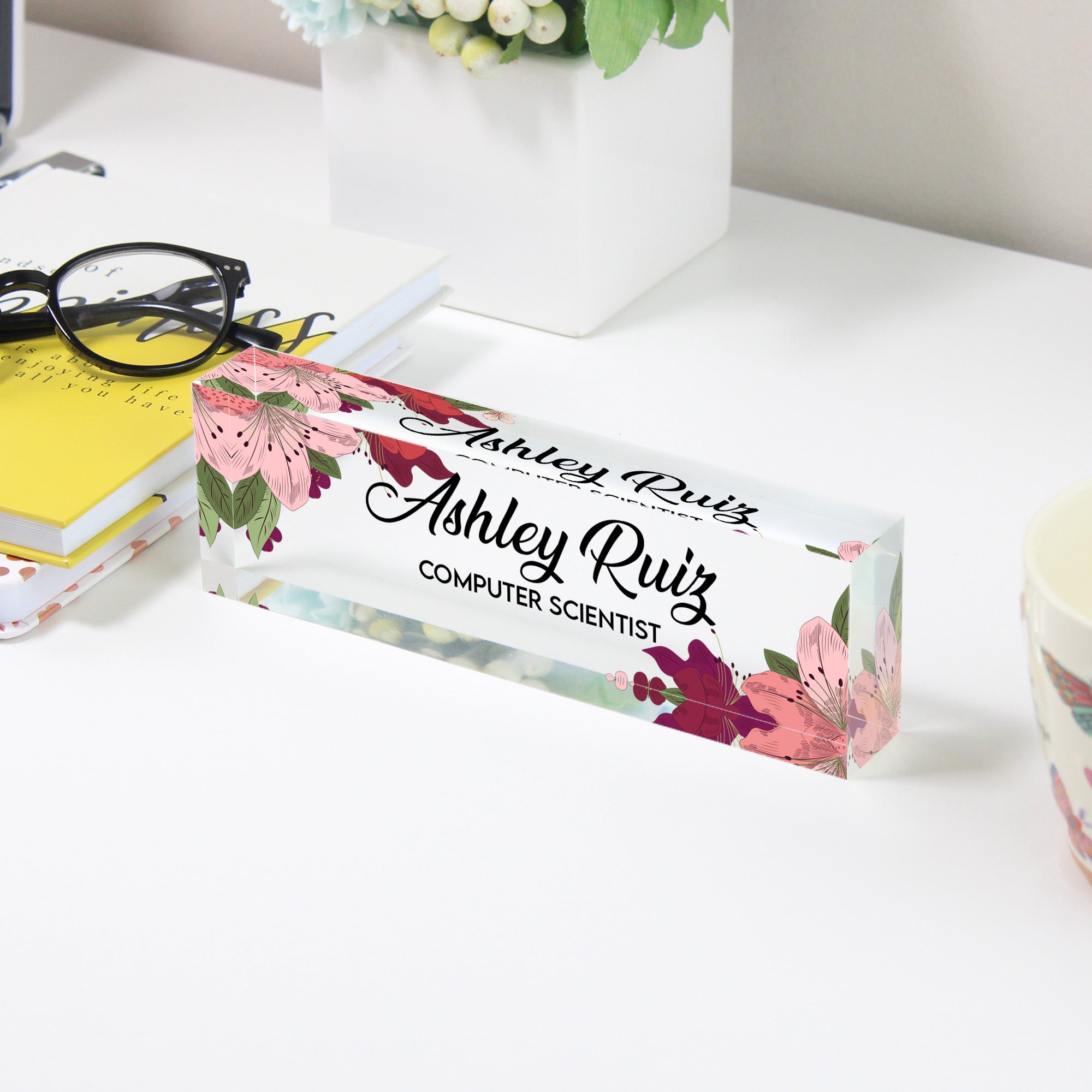 Personalized Floral Acrylic Desk Name Block - Custom Office Decor for Computer Scientists - Image 3
