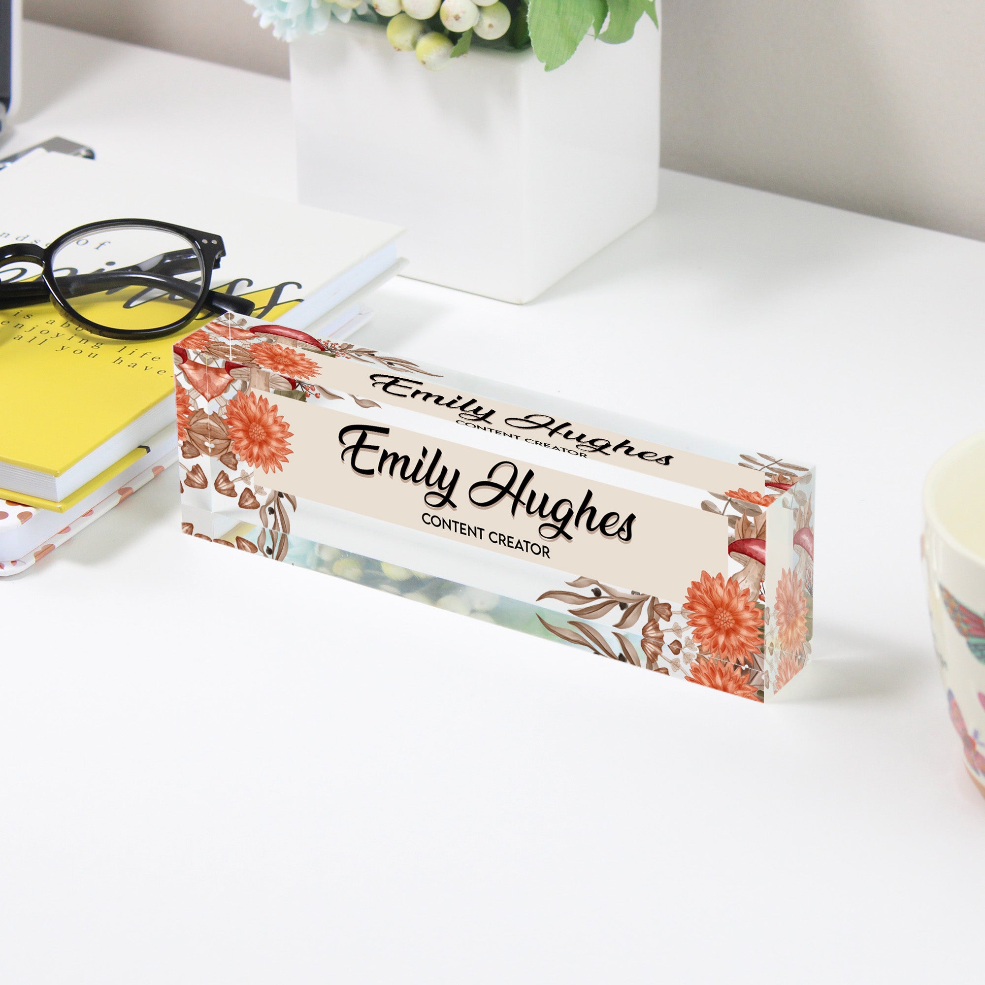 Personalized Floral Acrylic Desk Name Block - Custom Handmade Gift for Content Creators - Image 3
