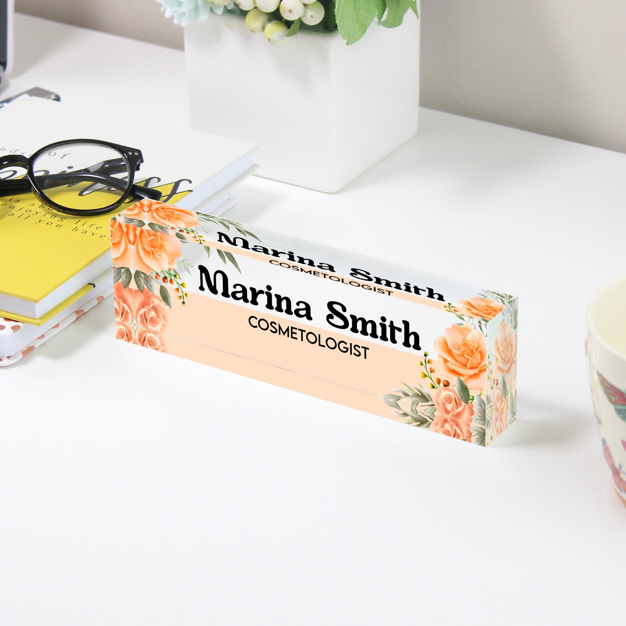 Personalized Floral Acrylic Desk Block - Custom Nameplate for Cosmetologist - Unique Handmade Gift for Beauty Professionals - Image 3