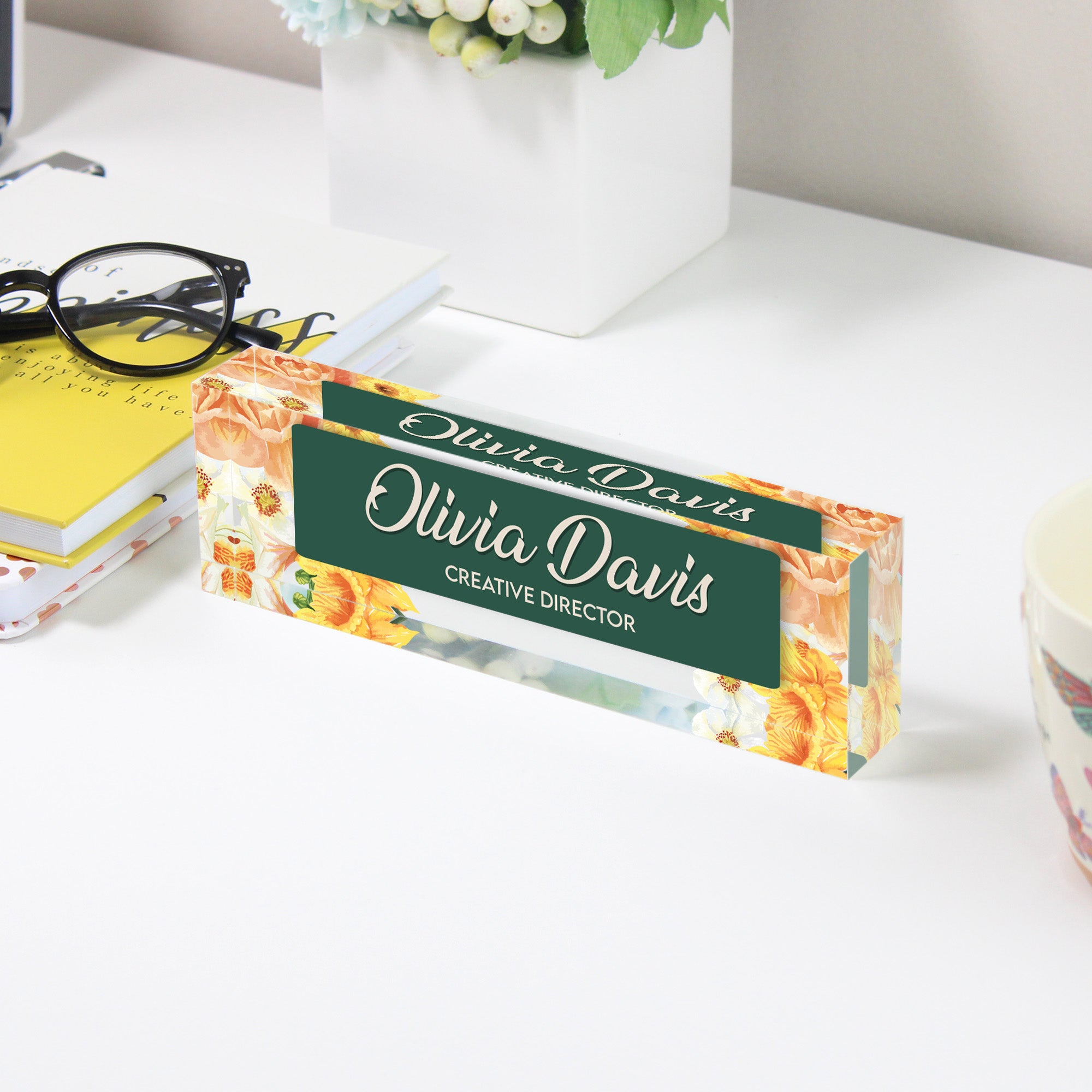 Personalized Floral Acrylic Desk Block - Custom Nameplate for Office and Gift - Elegant Creative Director Design - Image 3