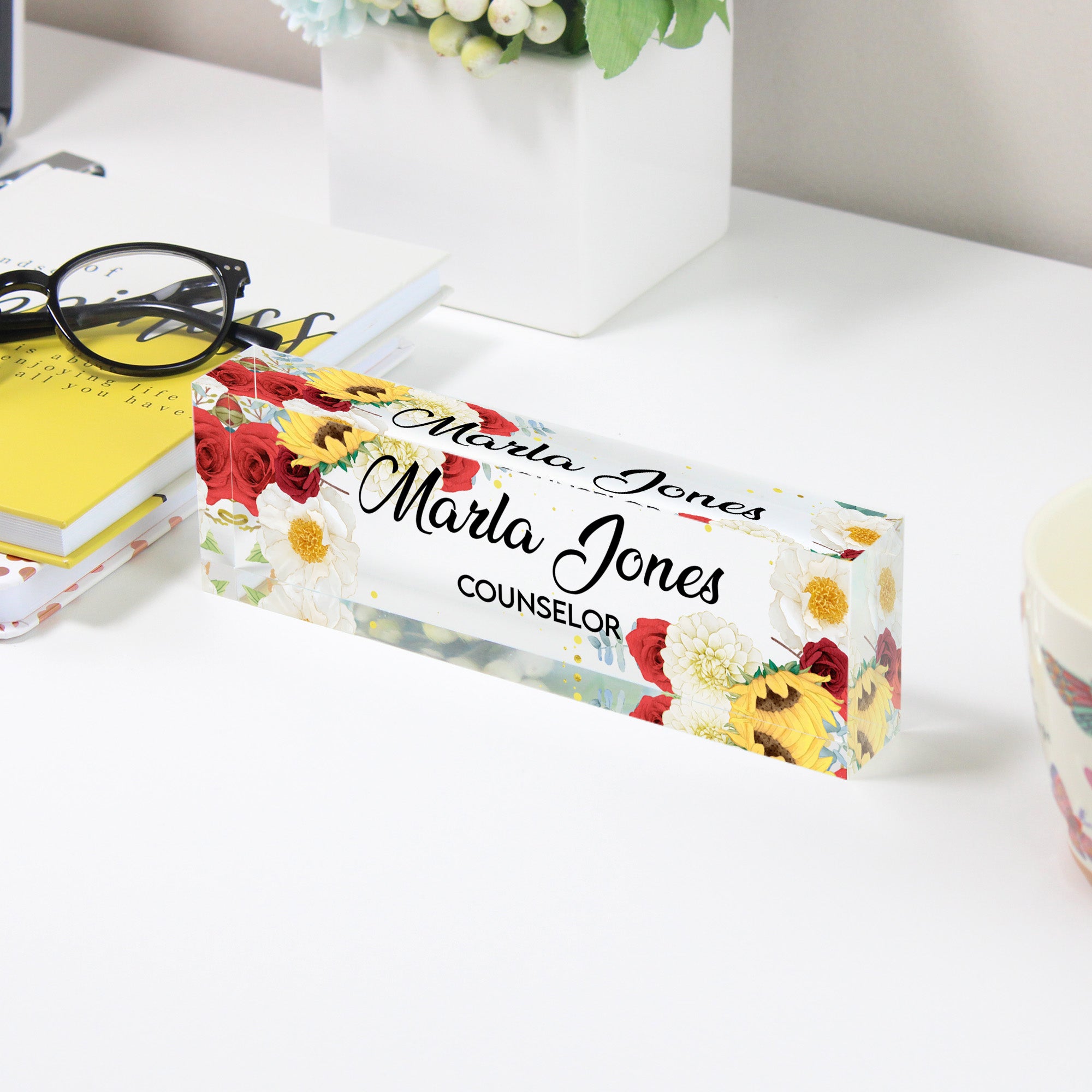 Personalized Floral Acrylic Desk Block Name Plate for Counselors – Elegant Office Decor and Thoughtful Gift Idea - Image 3