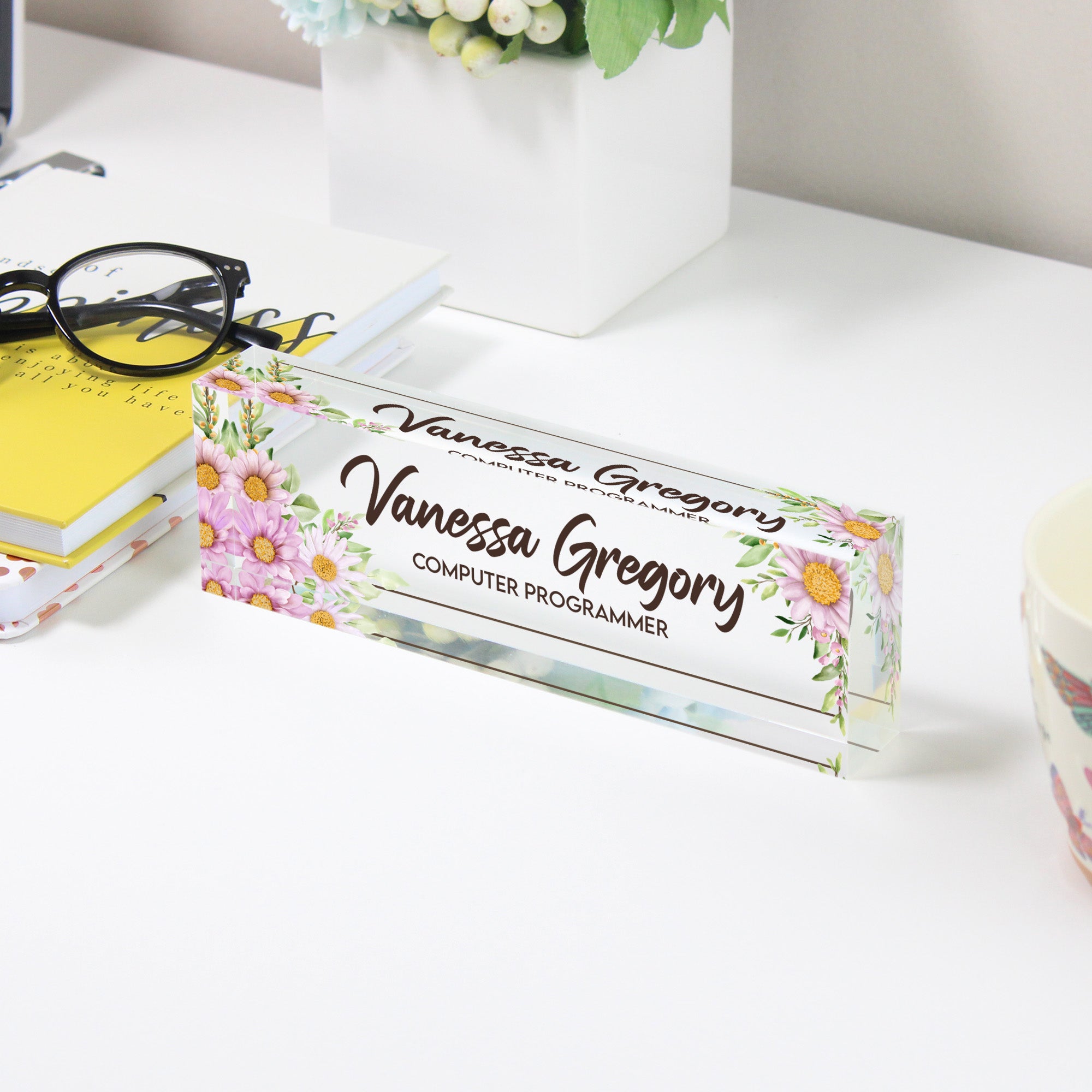 Personalized Floral Acrylic Desk Block - Custom Nameplate for Computer Programmers - Artistic Gift for Professionals - Image 3