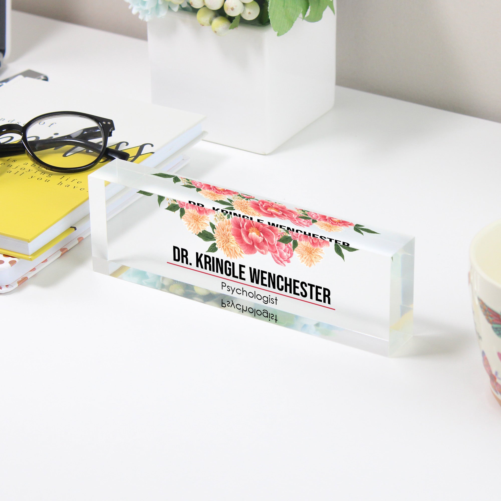 Personalized Acrylic Desk Block with Floral Design – Custom Name Plaque for Psychologists, Teachers, and Professionals - Image 3