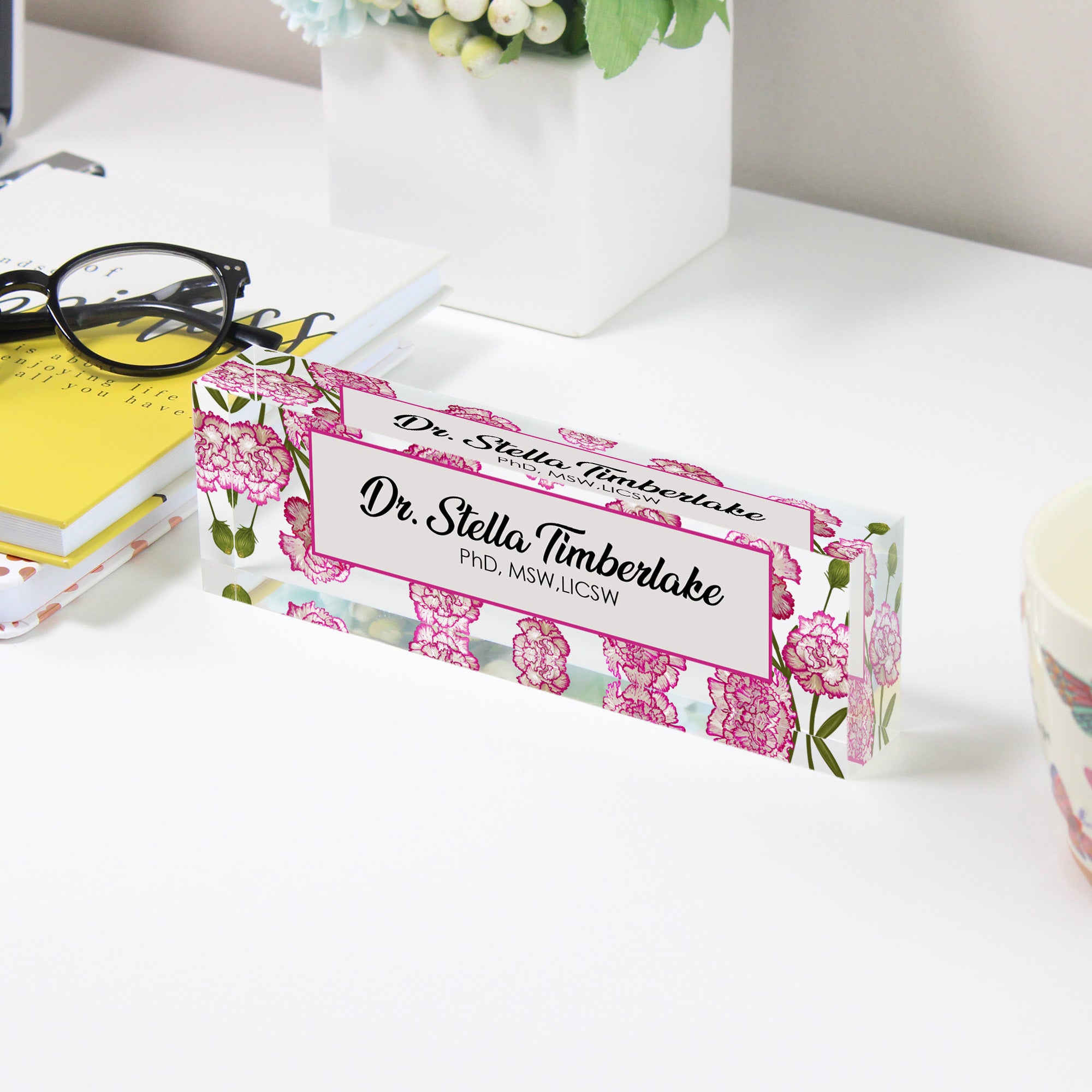 Personalized Floral Acrylic Desk Block – Custom Name Plate with Pink Carnation Design for Office Professionals - Image 3