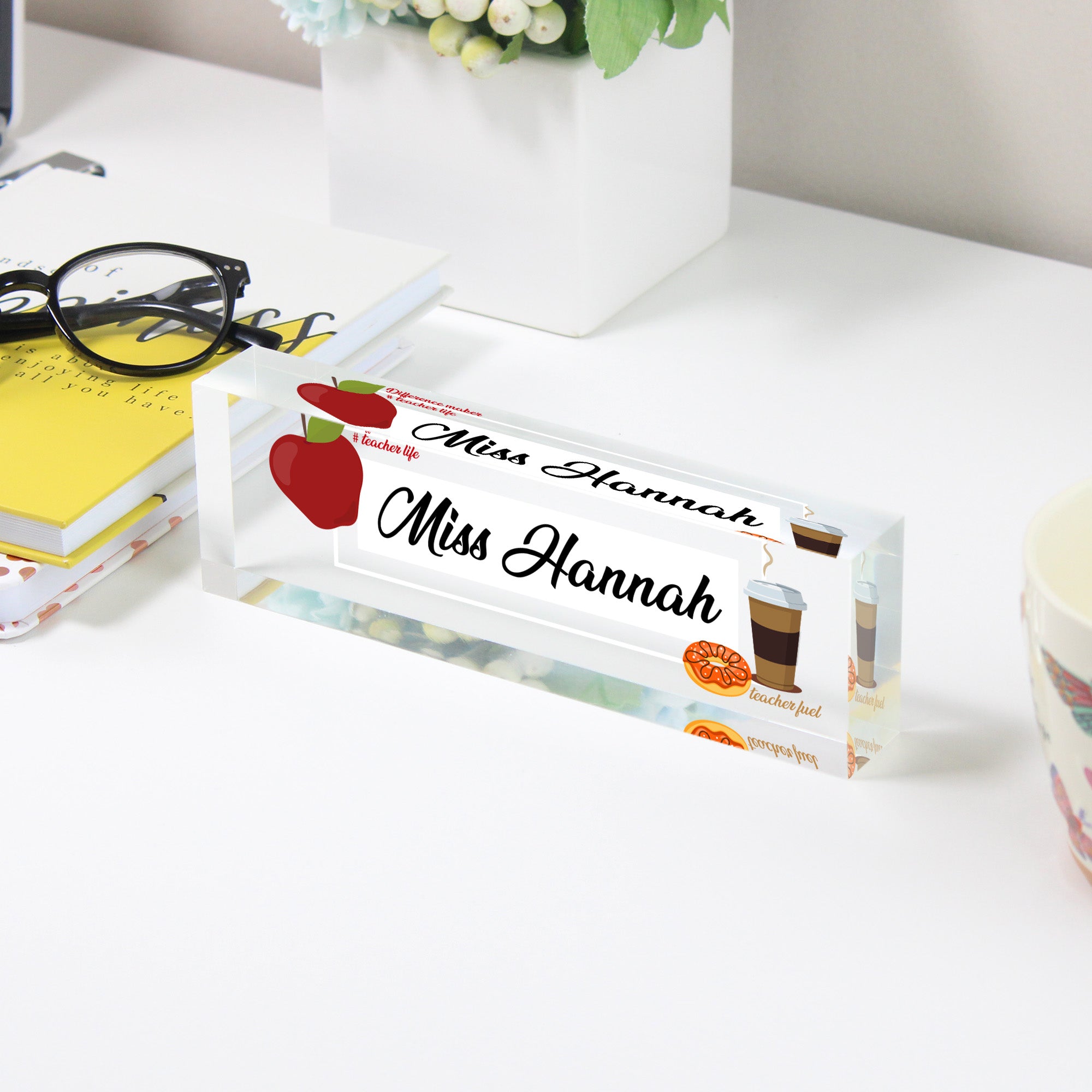 Personalized Acrylic Desk Block for Teachers - Custom Nameplate with Apple and Coffee Designs, Perfect Gift for Educators - Image 3
