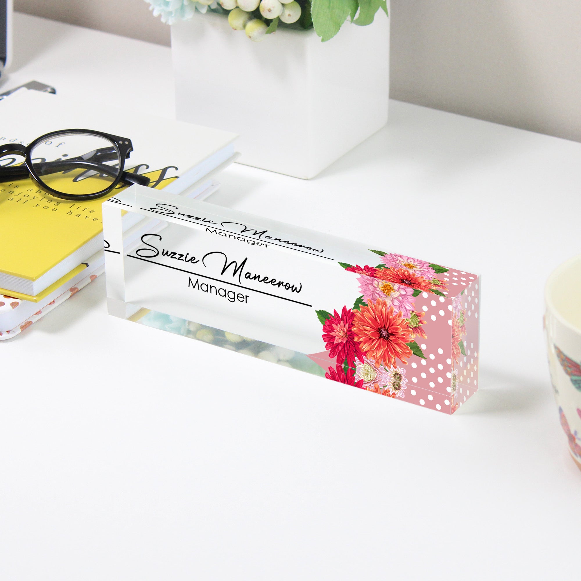 Personalized Floral Acrylic Desk Name Plate - Custom Manager Title with Elegant Flower Design, Perfect for Office Décor and Gifts - Image 3