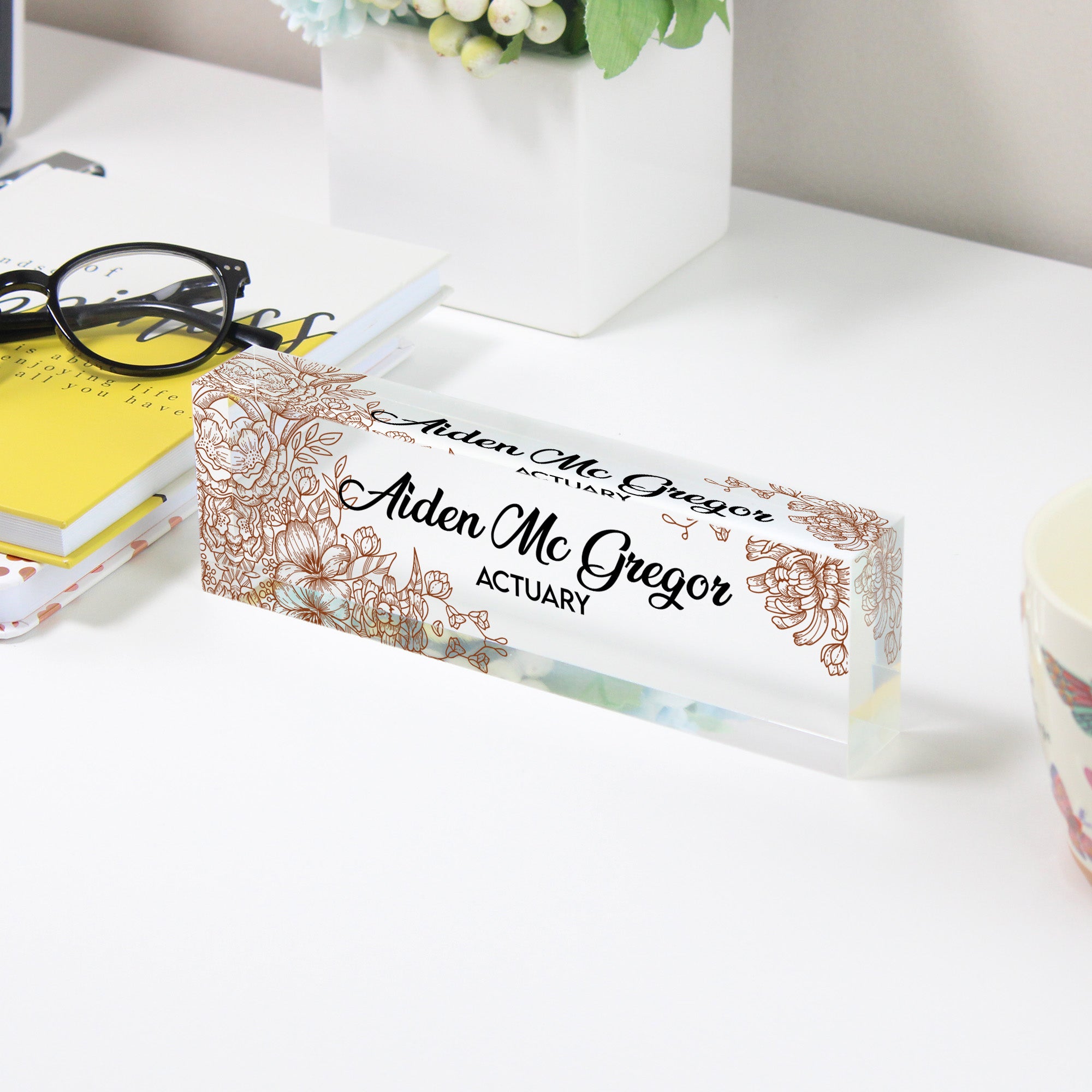 Elegant Personalized Acrylic Desk Block with Floral Engraving - Perfect Custom Gift for Professionals - Image 3