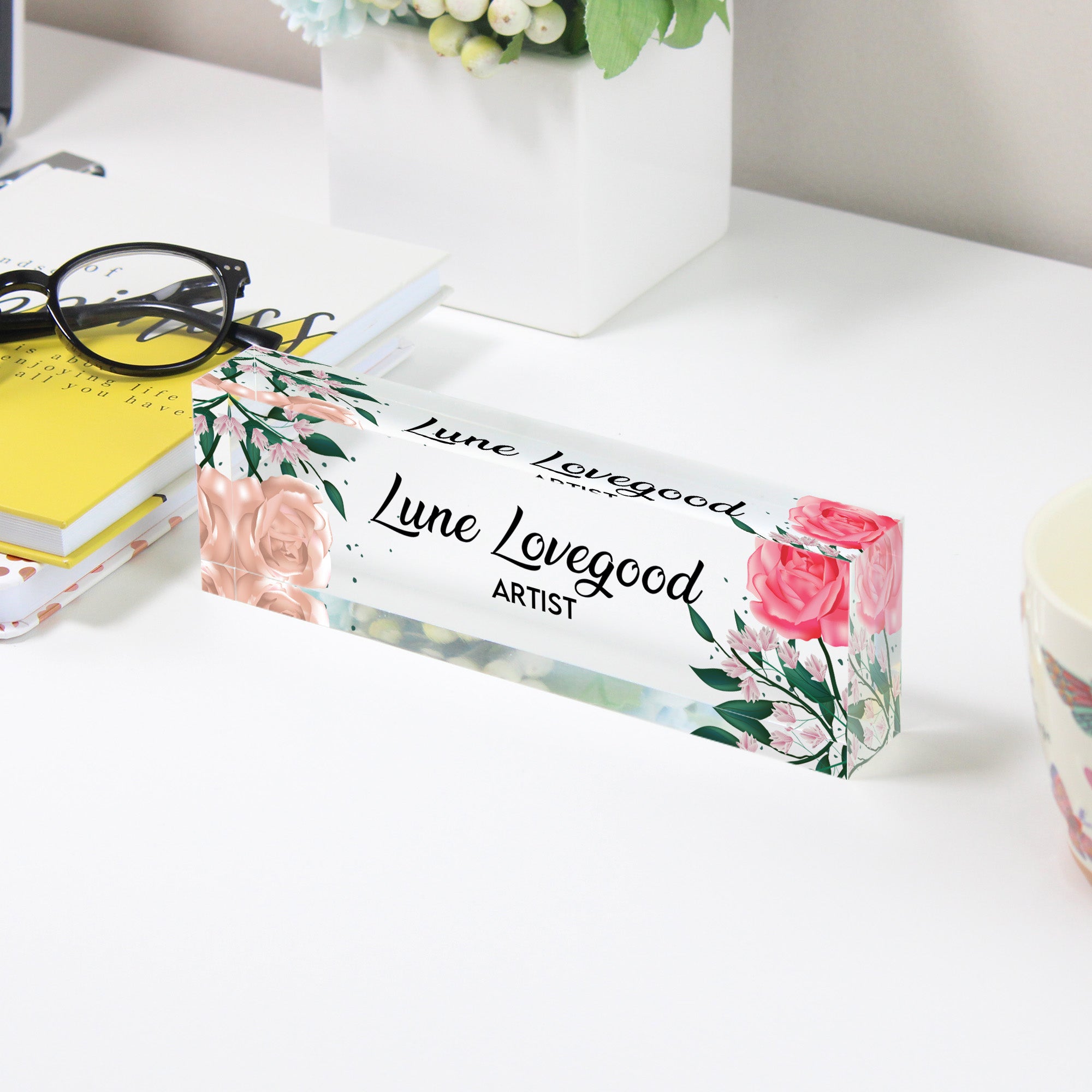 Personalized Floral Acrylic Desk Block - Custom Name and Title Art Decor for Unique Gift Giving - Image 3