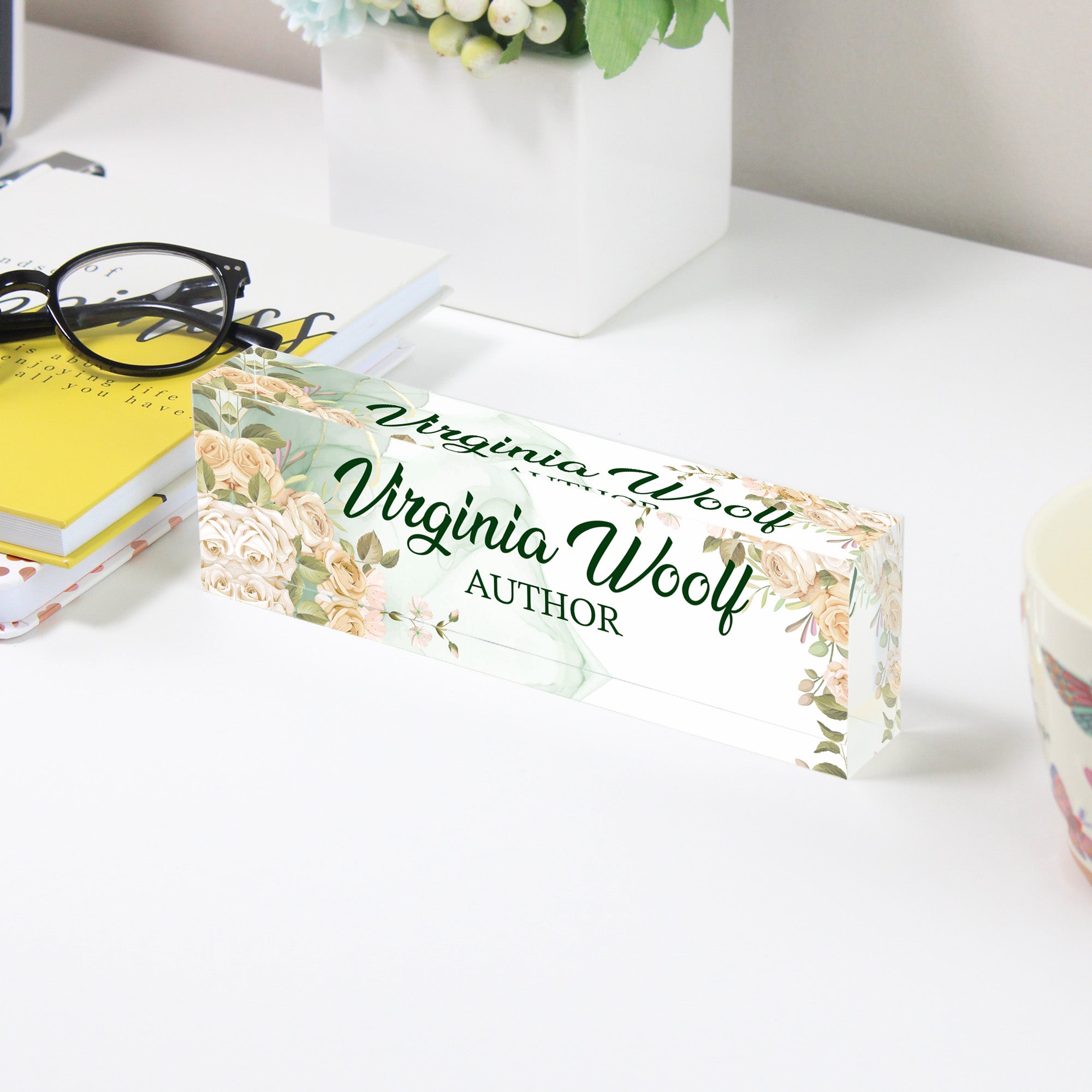 Personalized Floral Acrylic Desk Block - Elegant Name Plate for Authors, Writers, and Creative Professionals - Image 3