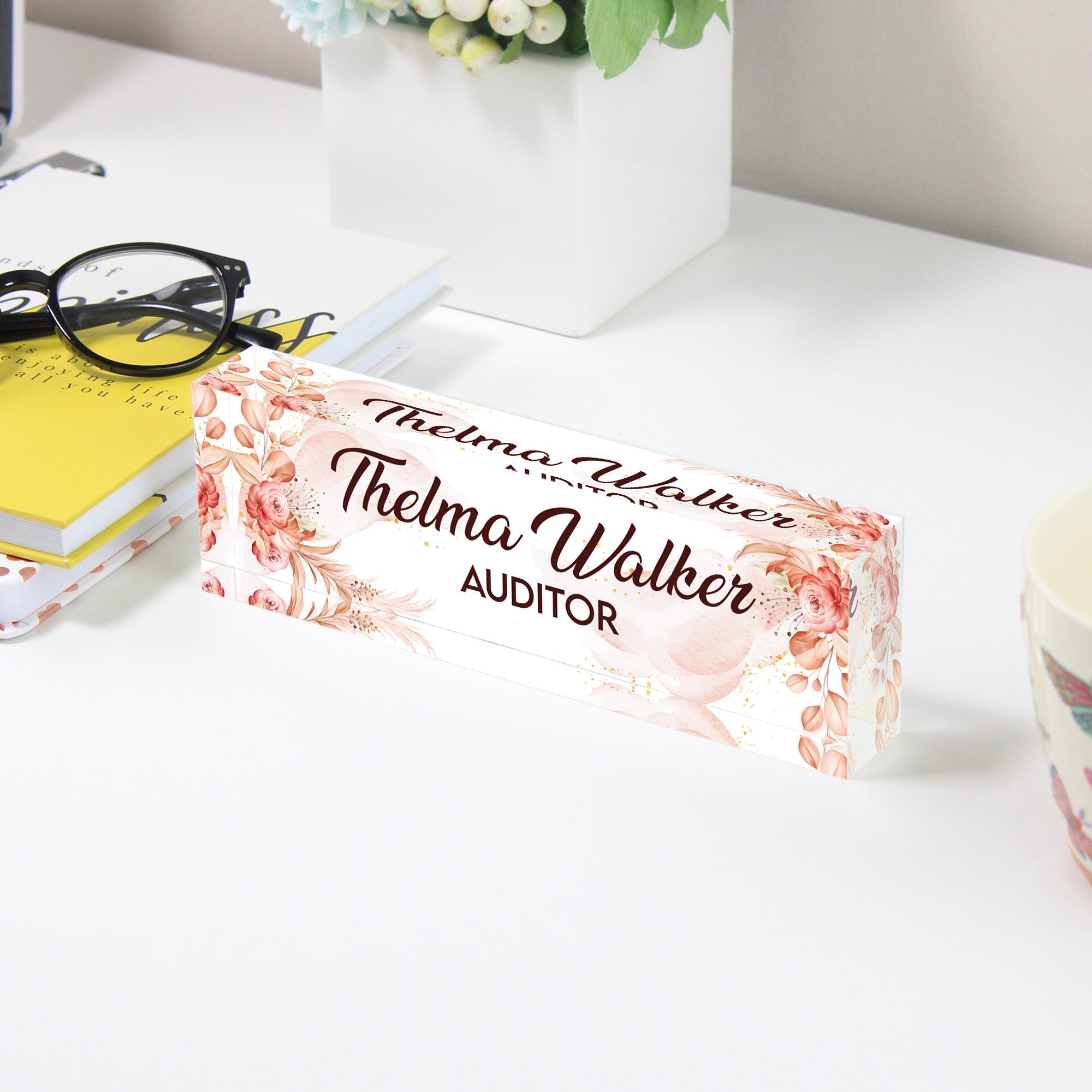Personalized Floral Acrylic Desk Name Plate – Custom Name Block for Auditors – Elegant Office Gift with Rustic Floral Design - Image 3