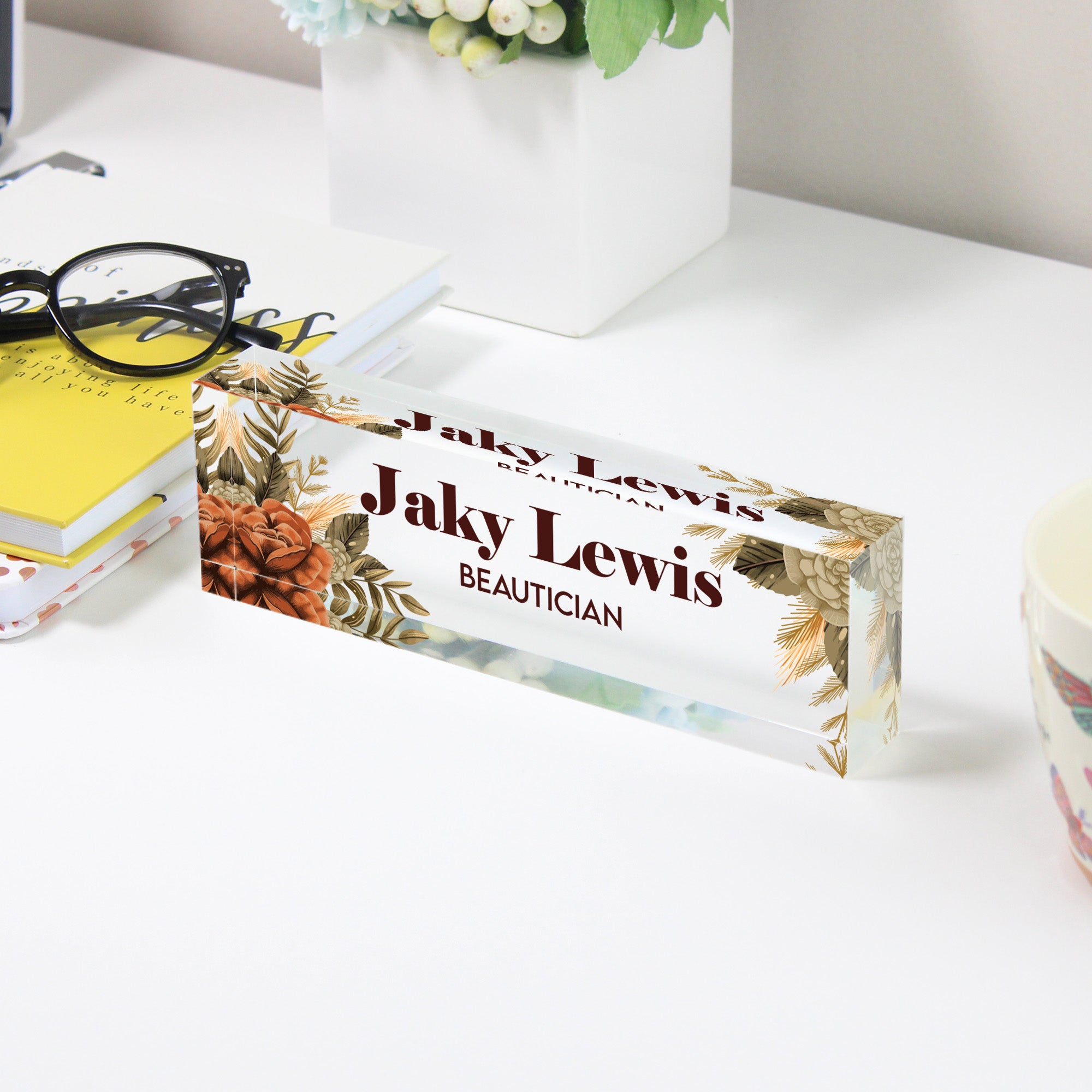 Personalized Acrylic Desk Name Plate with Floral Design – Custom Handmade Beautician Desk Decor for Professional & Gift Giving - Image 3