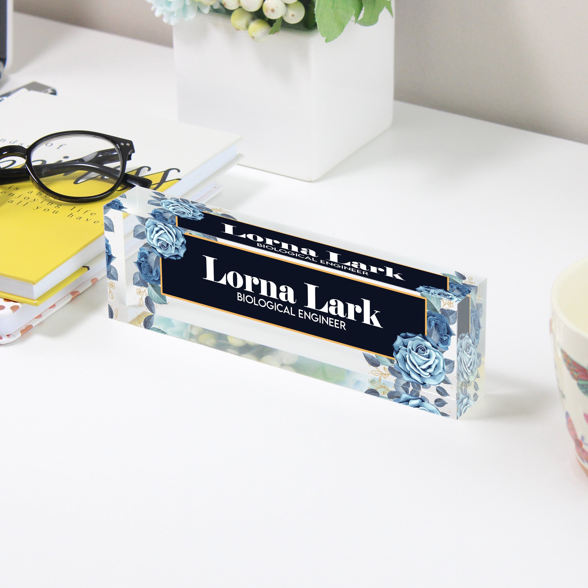 Personalized Acrylic Desk Block with Elegant Blue Rose Design - Custom Nameplate for Professionals and Gift Occasions - Image 3
