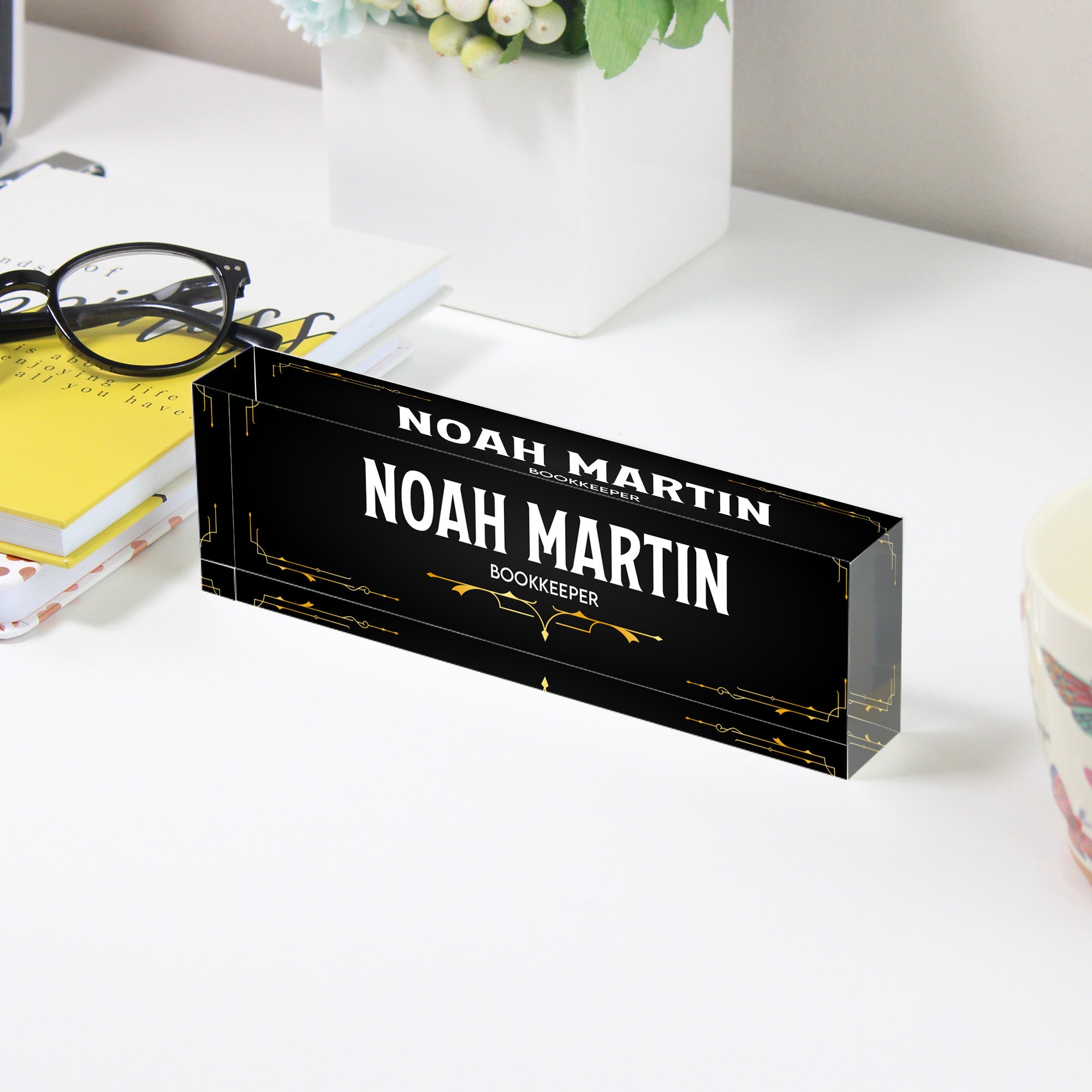 Personalized Acrylic Desk Name Plate - Custom Engraved Bookkeeper Gift with Elegant Art Deco Design - Image 3