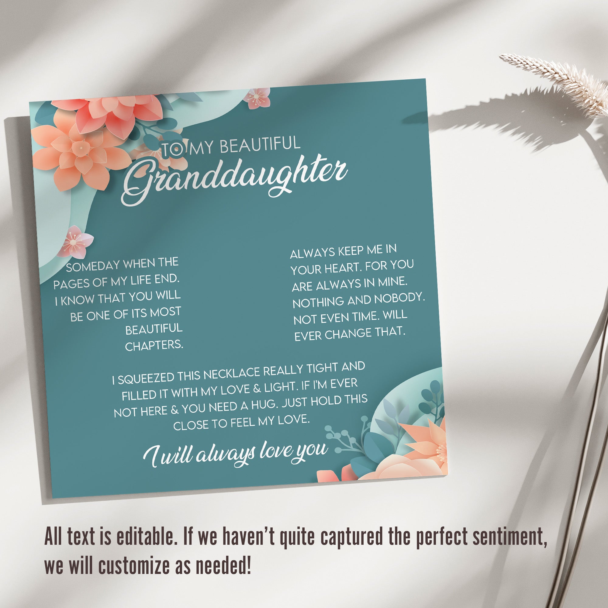 Personalized Floral Message Card Necklace for Granddaughter – Elegant Sterling Silver Interlocking Heart Design - Image 3