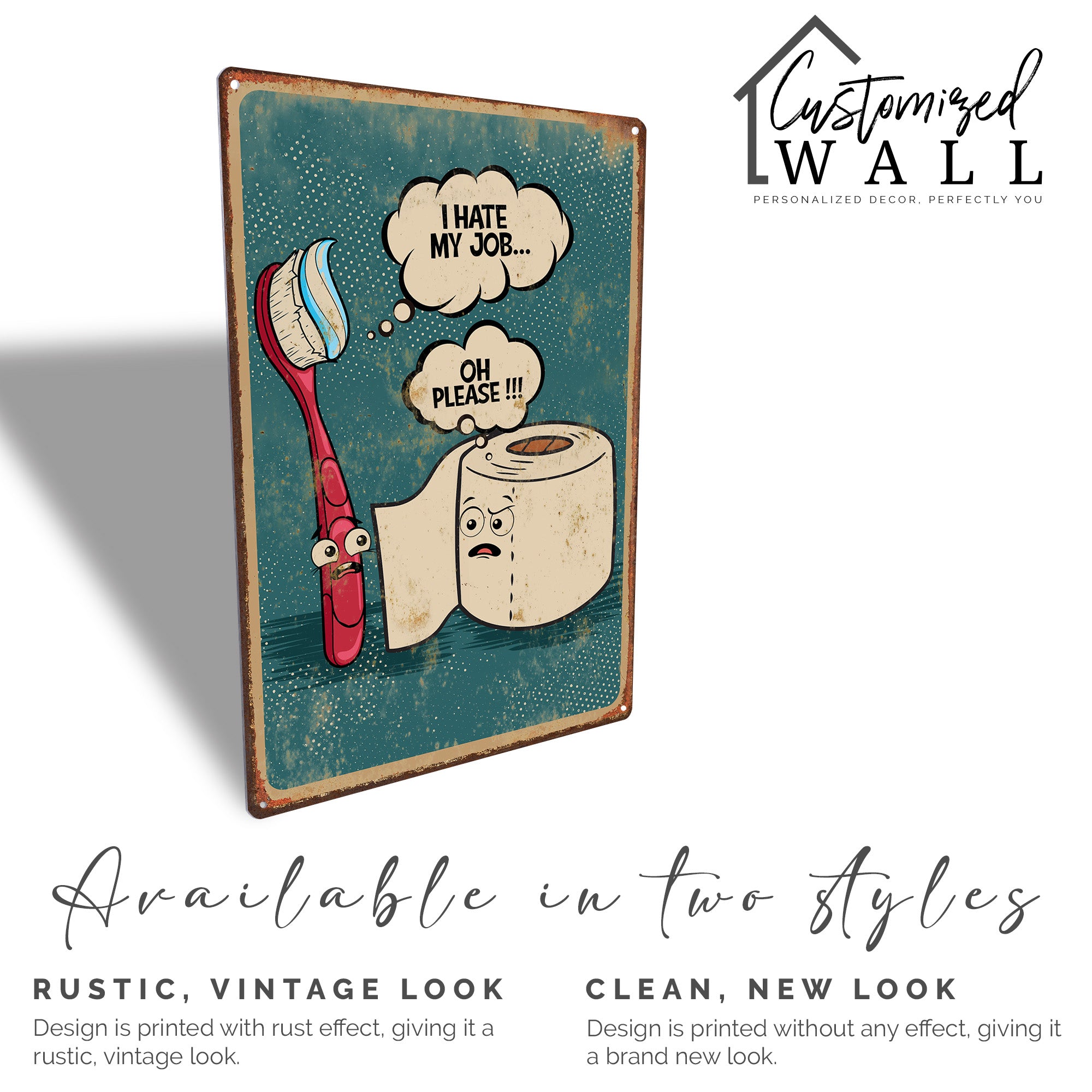 "Cheeky Bathroom Decor: Personalized Rusty-Look Metal Sign with Humorous Toothbrush & Toilet Roll Conversation" - Image 4