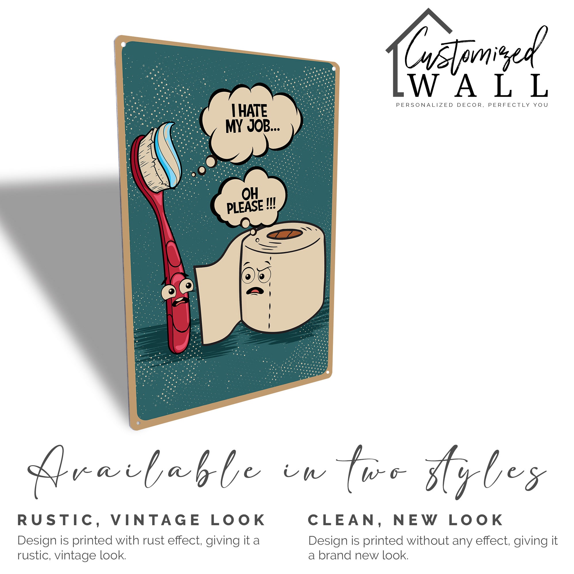 "Cheeky Bathroom Decor: Personalized Rusty-Look Metal Sign with Humorous Toothbrush & Toilet Roll Conversation" - Image 5