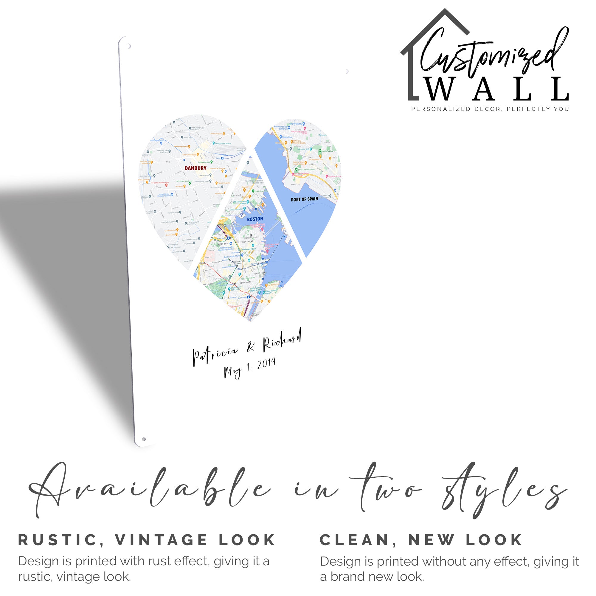 Personalized Heart-Shaped Map Metal Sign - Commemorate Special Places and Memories with Custom Dates and Names - Image 5