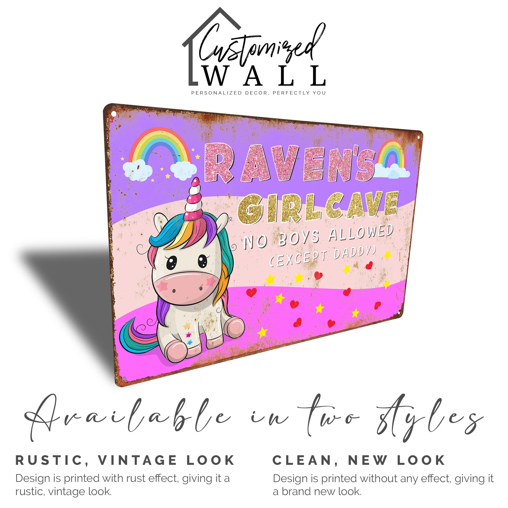 Personalized Unicorn Girl Cave Metal Sign – Custom Name Decor for Kids Room, Birthday Gift for Girls, Rainbow and Heart Design - Image 4