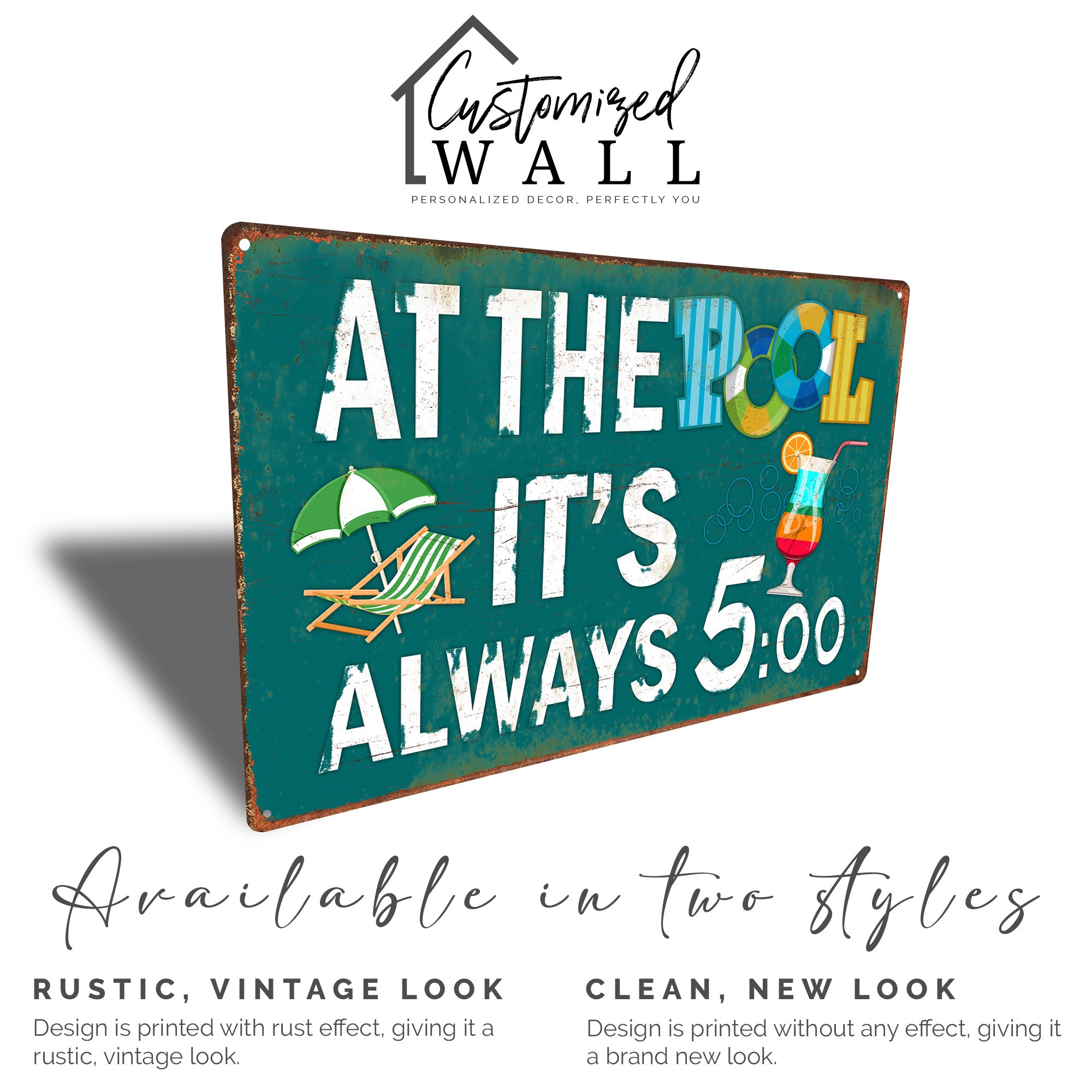 Personalized Metal Poolside Sign - "At The Pool It's Always 5:00" – Customizable Pool Decor for Relaxation Lovers - Image 4