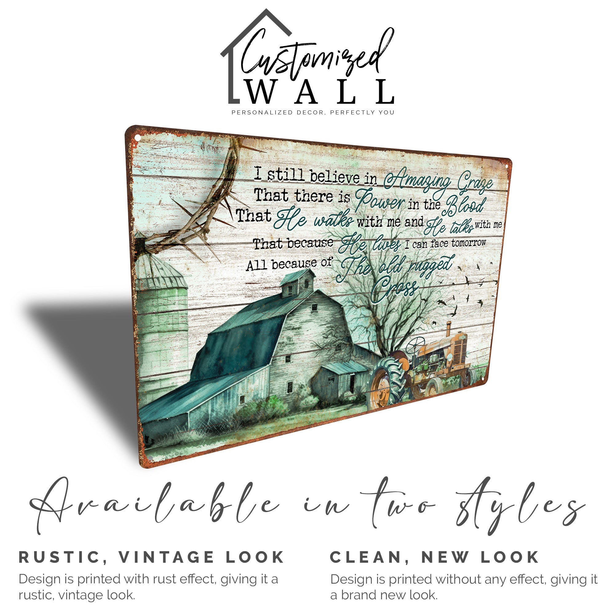 Personalized Farmhouse Metal Sign - Inspirational Christian Decor with Antique Tractor and Barn Scene - Image 4