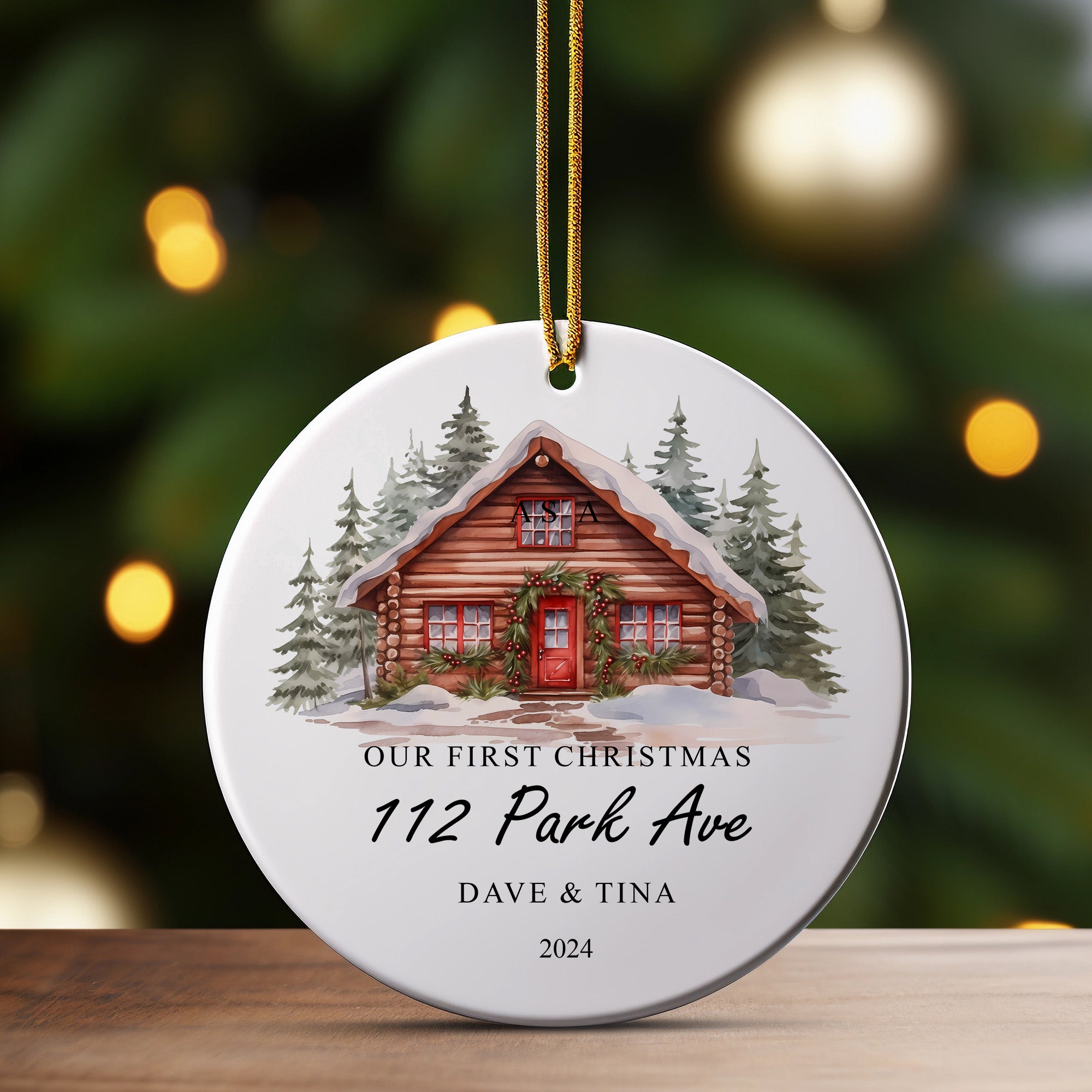 Personalized Handmade First Christmas Ornament - Custom Engraved Ceramic Cabin Design with Names & Address - Perfect Gift for Couples - Image 3