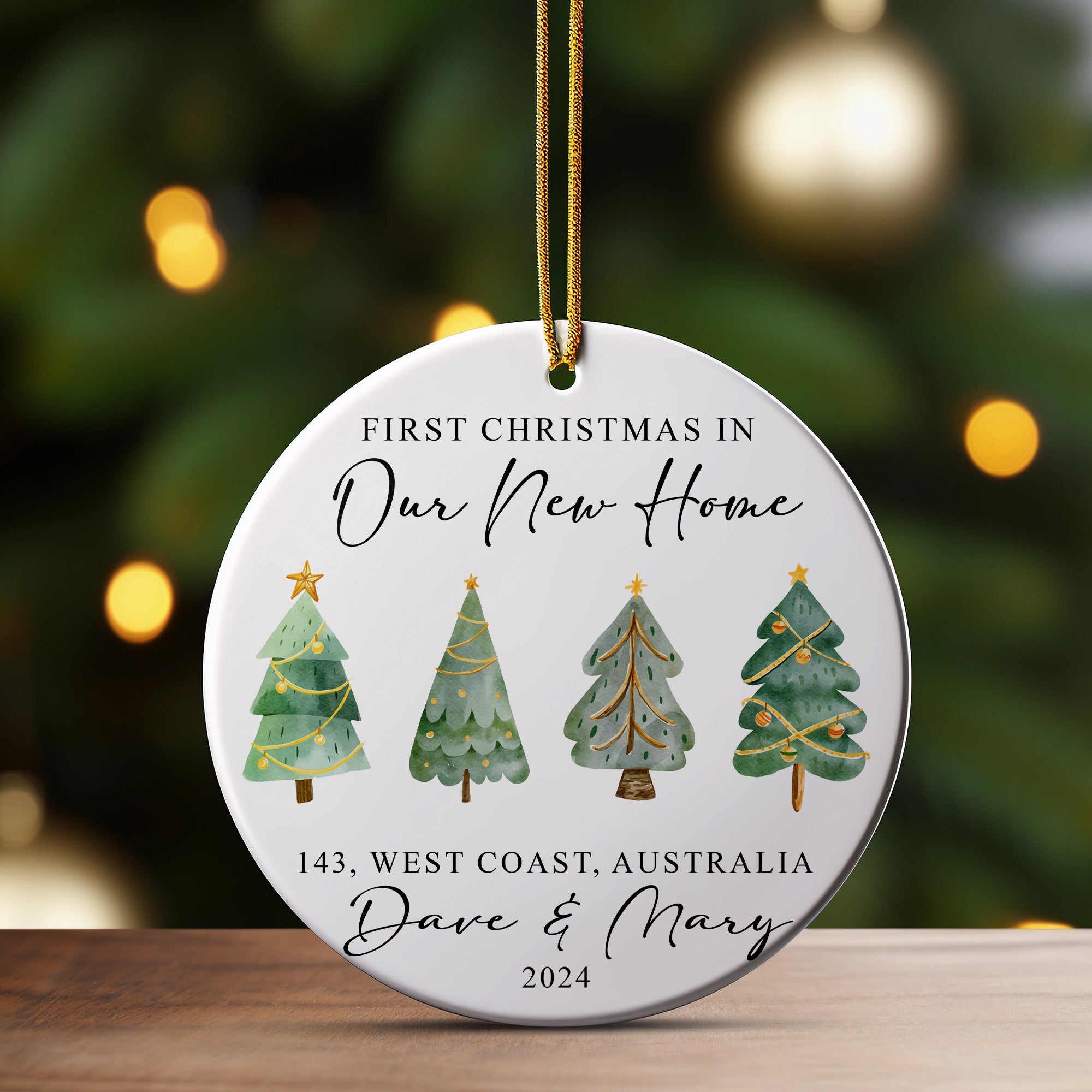 Personalized First Christmas in New Home Ceramic Ornament – Artistic Watercolor Design, Unique Gift, 2024 Edition - Image 3
